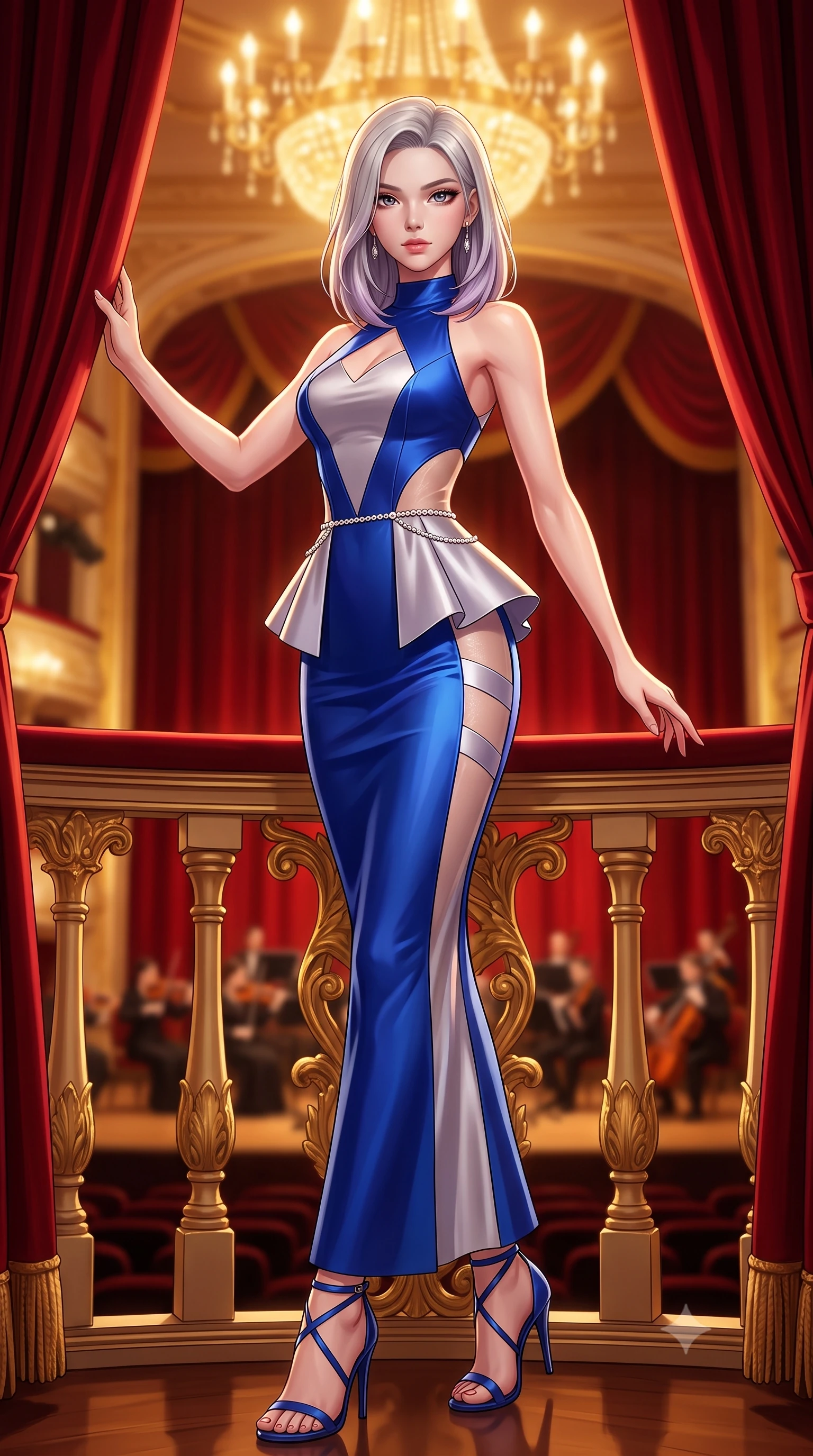 score_9, masterpiece, best quality, ultra-detailed, high-budget anime keyframe, semi-realistic 3D game render, editorial fashion photography, tasteful artistic composition, Caucasian woman. low angle full-body shot from head to toe showing her feet, filling the entire 9:16 vertical frame with her statuesque presence, stretching her vertical silhouette. pivoting dynamically with supreme athletic balance and poise, her impossibly long slender legs creating a breathtaking line while pivoting gracefully against ornate gold-leaf balustrades as plush crimson velvet curtains frame her statuesque silhouette. The composition keeps background elements in soft focus with creamy bokeh. plush crimson velvet box curtains and distant orchestra seating softened in luxurious atmospheric depth. She has an absolutely perfect, statuesque 8.5-heads proportion, an exceptionally tall and slender model-like female figure with impossibly long slender legs, a toned flat midriff, and an ultra-slim waist. sharp v-shaped jawline, high-bridge nose, intricate jewel-like eyes with depth, thick eyelashes, glossy lips with a natural sheen, captivating and magnetic expression, flawlessly proportioned anatomical accuracy, strict slender model proportions, natural body alignment, perfectly sculpted long slender limbs, ultra-slim waistline, clean dynamic posture without body distortion. wearing a structural geometric peplum gown with sheer side-ribbon cutouts and form-fitting skirt in royal sapphire blue and brushed platinum, tailored from ultra-smooth duchess satin with a pearlescent sheen, accented with a dainty diamond waist chain framing her slender silhouette, the liquid-tight tailored fabric emphasizing every curve of her tall, slender model proportions and sculptured silhouette during dynamic movement. bathed in opulent golden chandelier illumination and rich ambient amber warmth. highly saturated vibrant anime colors, detailed shading with soft gradients, rich glossy textures, high-contrast stereoscopic depth, volumetric dynamic lighting, master piece, 9:16 ratio