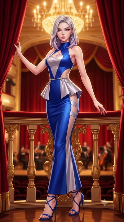 score_9, masterpiece, best quality, ultra-detailed, high-budget anime keyframe, semi-realistic 3D game render, editorial fashion photography, tasteful artistic composition, Caucasian woman. low angle full-body shot from head to toe showing her feet, 