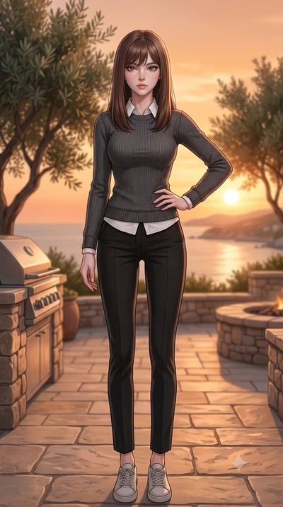 score_9, masterpiece, best quality, ultra-detailed, high-budget anime keyframe, editorial fashion photography, tasteful artistic composition, Korean woman woman. low angle full-body shot from head to toe showing her feet, filling the entire 9:16 vert