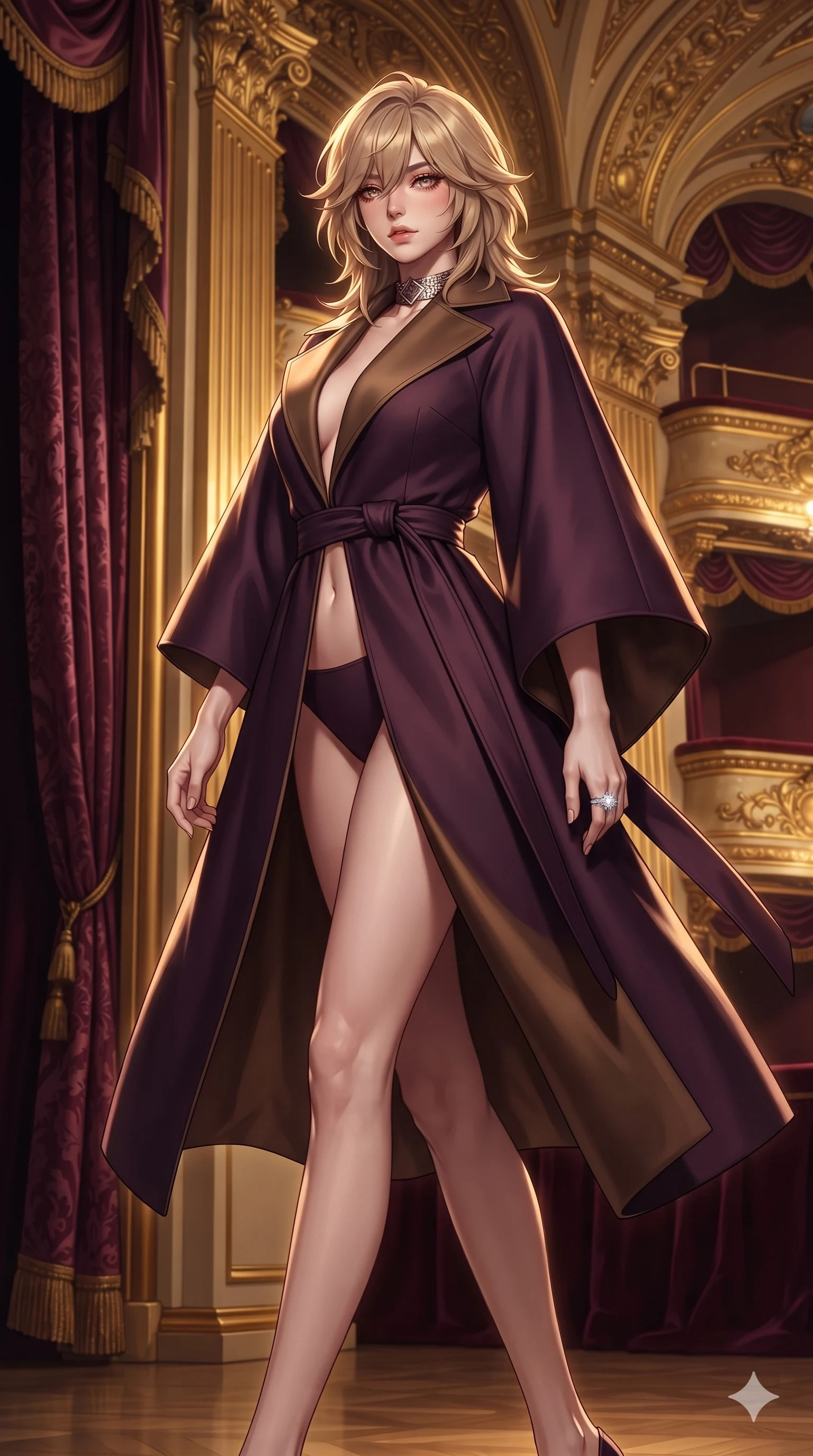 score_9, masterpiece, best quality, ultra-detailed, high-budget anime keyframe, semi-realistic 3D game render, editorial fashion photography, tasteful artistic composition, Japanese woman. low angle full-body shot from head to toe showing her feet, filling the entire 9:16 vertical frame with her statuesque presence, stretching her vertical silhouette. walking along the terrace with poise, looking back over her bare shoulder with an irresistible smoldering bedroom-gaze while twisting her slender torso in an alluring S-curve beside heavy damask portieres, warm golden ambient light tracing her flat midriff and hourglass curves. The surrounding environment is rendered in vivid detail and crisp panoramic clarity: detailed anime keyframe lines, rich glossy textures, and classical Italian opera ornamentation in high clarity. She has an exceptionally tall and slender model-like 8.5-heads proportion, an ultra-slim waist, a flat toned midriff, narrow delicate ribcage, and beautifully sculpted feminine hips creating a graceful, slim hourglass silhouette without any bulky heaviness, with impossibly long slender legs. sharp v-shaped jawline, high-bridge nose, intricate jewel-like eyes with depth, thick eyelashes, glossy parted lips with a natural sheen, intensely captivating and seductive bedroom-eyes expression, flawlessly proportioned anatomical accuracy, strict slender model proportions, natural body alignment, perfectly sculpted long slender limbs, ultra-slim waistline, clean dynamic posture without body distortion. wearing a tailored double-faced cashmere cape coat with structured lapels and a self-tying belt cinching her waist in deep plum violet and antique bronze, tailored from heavy Italian silk mikado with an architectural structured drape, complemented by a bold geometric choker and sparkling cocktail ring, the impeccably tailored cut draping gracefully along her slender figure with aristocratic poise. illuminated by gilded wood reflection bounce and sharp starlight-gold rim lights defining her jawline, narrow waist, and curvy hips. highly saturated vibrant anime colors, detailed shading with soft gradients, rich glossy textures, high-contrast stereoscopic depth, volumetric dynamic lighting, master piece, 9:16 ratio