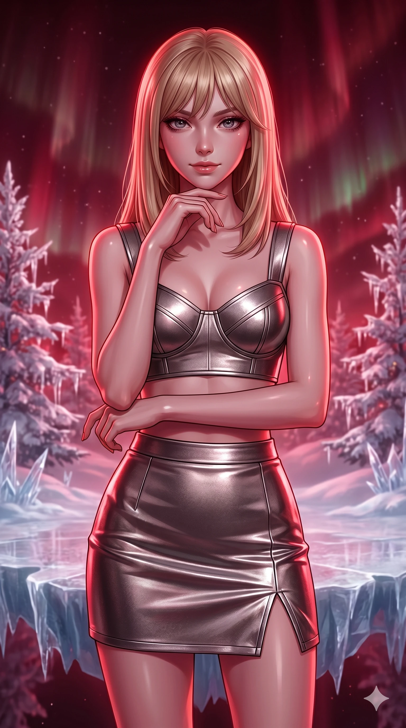score_9, masterpiece, best quality, ultra-detailed, high-budget anime keyframe, editorial fashion photography, tasteful artistic composition, Japanese woman. cowboy shot from the thighs up, character and outfit filling the frame for maximum editorial presence. Resting her chin on the backs of her fingers in a confident pose within a dreamlike floating winter kingdom with frozen crystal trees and aurora skies. She has an absolutely perfect 8-heads proportion, an exceptionally tall and slender female figure with impossibly long slender legs and an ultra-slim waist. V-shaped jawline, high-bridge nose, intricate jewel-like eyes with depth, thick eyelashes, glossy lips with a natural sheen. wearing a structured architectural bralette top in metallic pewter with bold geometric seaming and wide shoulder straps, paired with a matching precision-fitted metallic mini skirt with a side slit at the hem. drenched in deep crimson theatrical lighting with sharp specular highlights on every curve. 2k, ultra detail, master piece, 9:16 ratio