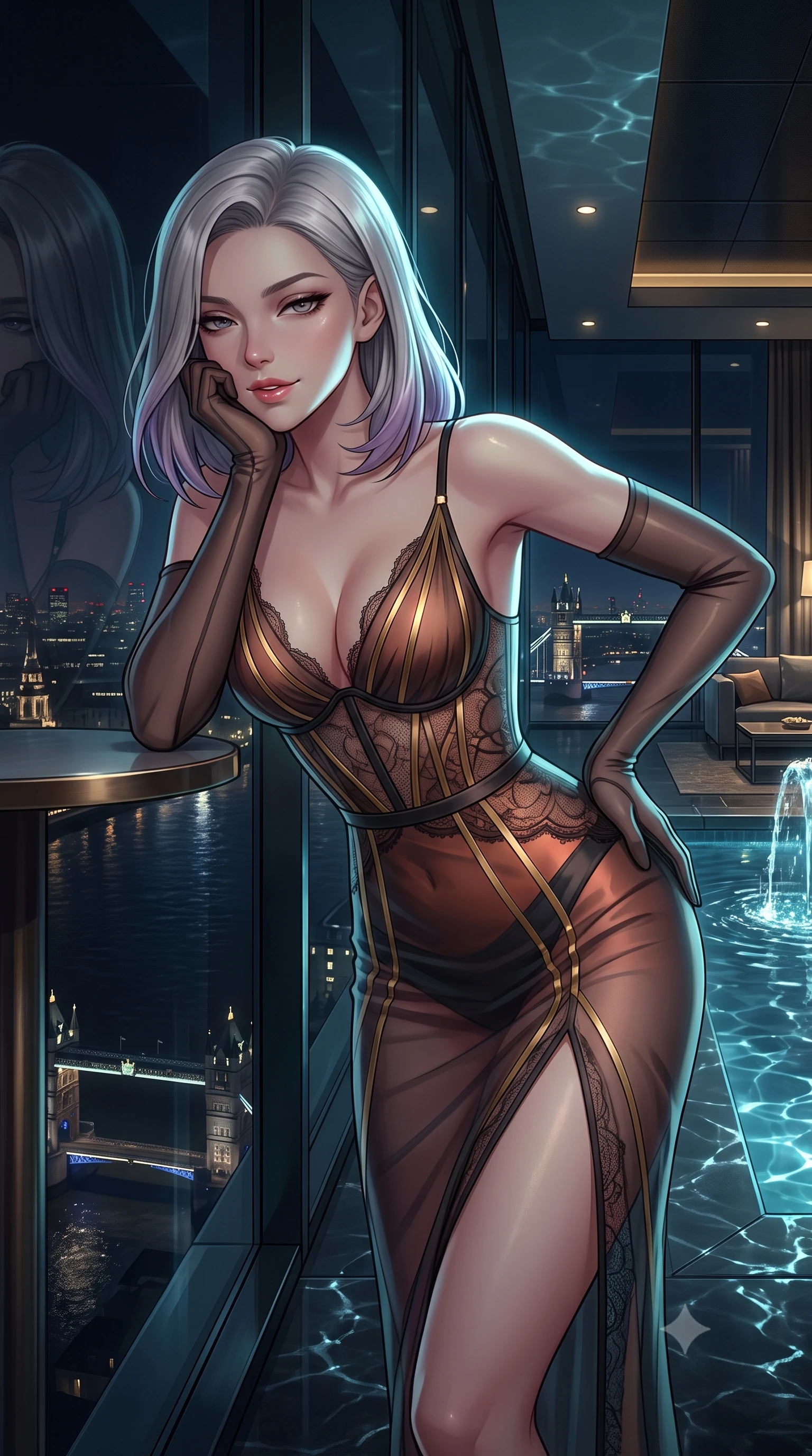 score_9, masterpiece, best quality, ultra-detailed, high-budget anime keyframe, semi-realistic 3D game render, editorial fashion photography, tasteful artistic composition, Caucasian woman. close-up cowboy shot from the waist and thighs up, the character dominates the composition, filling the frame with her large presence. resting one elbow on the table and supporting her chin, leaning close to the camera with heavy-lidded sparkling eyes and parted lips while leaning against the floor-to-ceiling glass wall with hips cocked back, casting an intoxicating smoldering bedroom-gaze over the midnight Thames. The surrounding environment is rendered in vivid detail and crisp panoramic clarity: detailed sculpted underwire corset in sheer British lace, exposed boning, sheer pencil skirt slit, and modern skyscraper architecture in high resolution. She has an exceptionally elegant, slender, and willowy female figure with an ultra-slim waist, flat toned midriff, narrow ribcage, and sculpted feminine hips creating an alluring, slim hourglass silhouette without bulk. sharp v-shaped jawline, high-bridge nose, intricate jewel-like sparkling eyes with depth, thick eyelashes, glossy parted lips with a natural peach sheen, bright cheerful beaming smile with an enchanting and coquettish sensual glint, exuding both youthful cute charm and seductive allure, flawlessly proportioned anatomical accuracy, strict slender model proportions, natural body alignment, perfectly sculpted long slender limbs, ultra-slim waistline, clean dynamic posture without body distortion. wearing a plunge-front sheer illusion tulle slip dress with liquid gold ribbon stripes hugging her curves in sultry copper rose and deep shadow charcoal, woven from fine semi-opaque stretch illusion mesh tracing her slender contours, complemented by sheer opera-length evening gloves tracing her slender arms, the precision-cut side openings and low-back scoop framing her graceful spine and the sensual sweep of her slim, toned hips. illuminated by tub water caustics bounce and sharp platinum-cyan rim lights sculpting her razor-sharp jawline, narrow waist, and curvy hips. highly saturated vibrant anime colors, detailed shading with soft gradients, rich glossy textures, high-contrast stereoscopic depth, volumetric dynamic lighting, master piece, 9:16 ratio