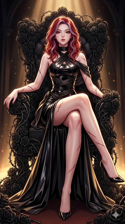score_9, masterpiece, best quality, ultra-detailed, High-budget Anime Keyframe, East Asian woman. Dynamic full-body shot stretching the vertical silhouette to the limit. Scenario 230: Resting on a throne of black roses, thorns grazing her skin. Her p