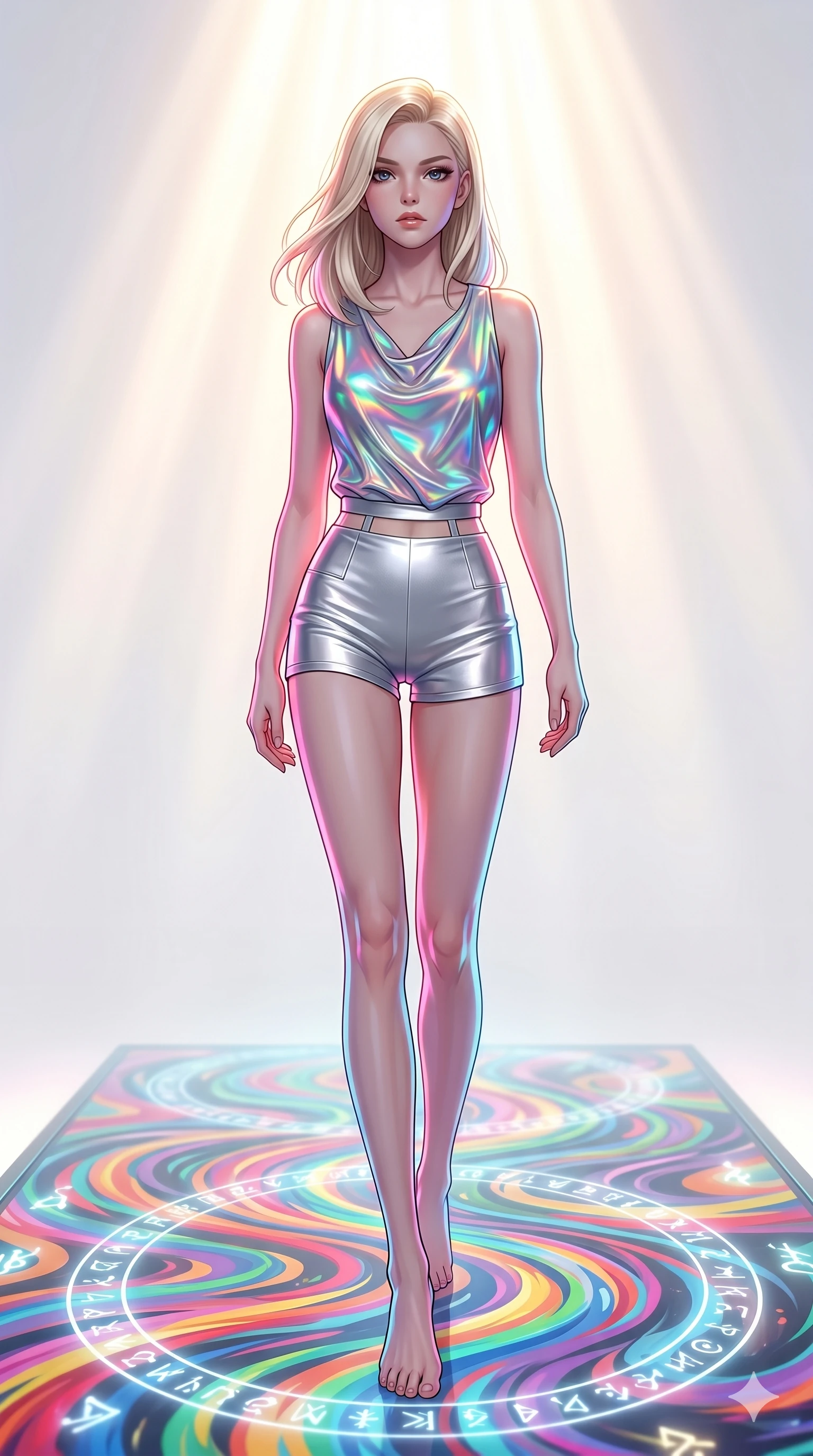 score_9, masterpiece, best quality, ultra-detailed, high-budget anime keyframe, editorial fashion photography, tasteful artistic composition, Caucasian woman, strictly human ears. low angle full-body shot from head to toe showing her feet, filling the entire 9:16 vertical frame with her statuesque presence, stretching her vertical silhouette. stepping gracefully onto in a white gallery void where thousands of vivid acrylic paint ribbons swirl as glowing runes and symbols fade in and out on the ground. She has an absolutely perfect 8-heads proportion, an exceptionally tall and slender female figure with impossibly long slender legs and an ultra-slim waist. V-shaped jawline, high-bridge nose, intricate jewel-like eyes with depth, thick eyelashes, glossy lips with a natural sheen.. wearing a holographic liquid silk vest and silver metallic high-waist fitted shorts, featuring a architectural waist window detail and form-fitting silhouette. bathed in brilliant cinematic volumetric lighting and intense neon rim light highlighting her slender form. 2k, ultra detail, master piece, 9:16 ratio