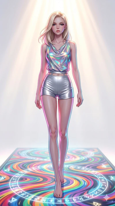 score_9, masterpiece, best quality, ultra-detailed, high-budget anime keyframe, editorial fashion photography, tasteful artistic composition, Caucasian woman, strictly human ears. low angle full-body shot from head to toe showing her feet, filling th