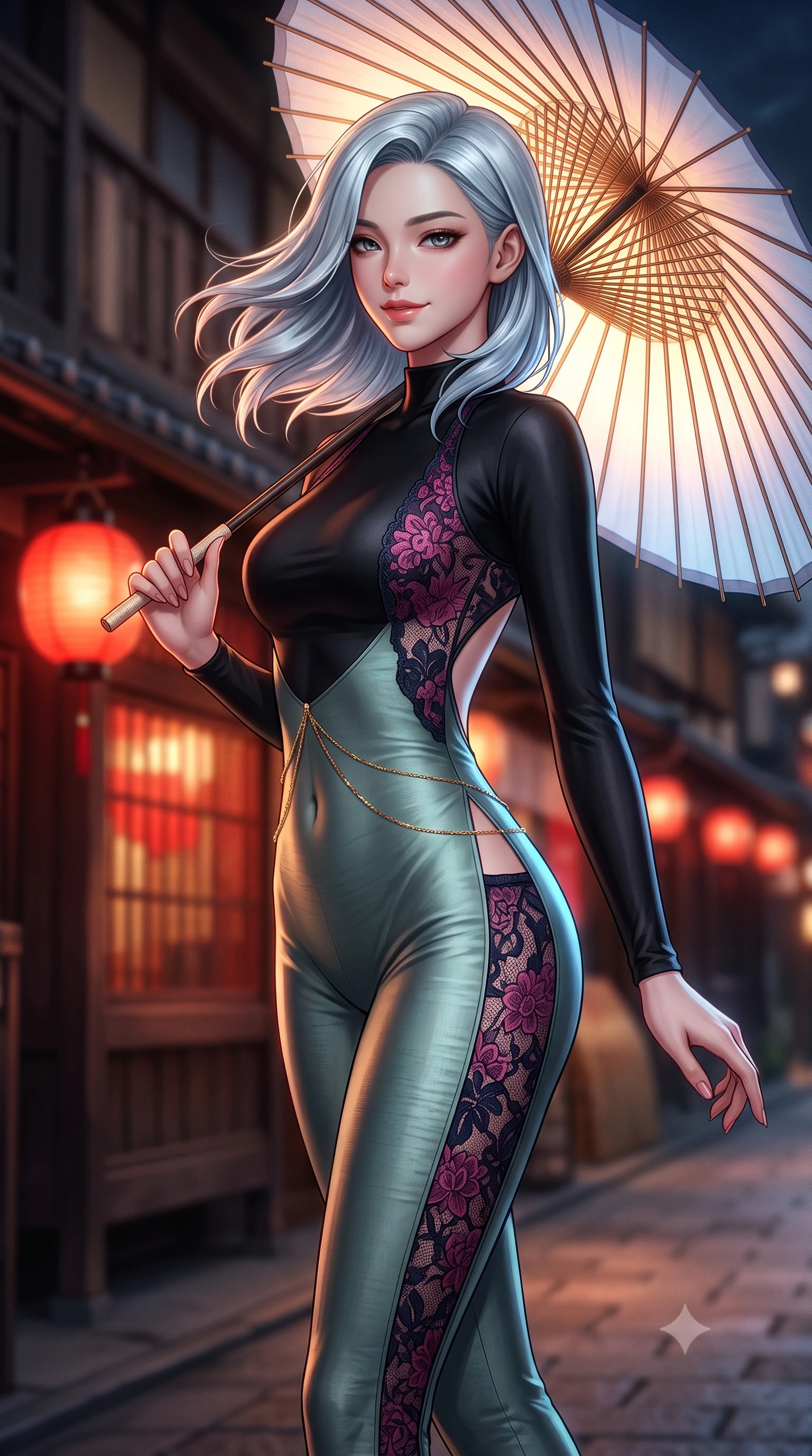 score_9, masterpiece, best quality, ultra-detailed, high-budget anime keyframe, semi-realistic 3D game render, editorial fashion photography, tasteful artistic composition, Korean woman. close-up cowboy shot from the waist and thighs up, the character dominates the composition, filling the frame with her large presence. turning slowly with a smoldering smile, her glossy dark hair tossing in the evening breeze as her hips angle gracefully in a captivating contrapposto while holding an illuminated paper wagasa umbrella with one hand while turning gracefully, her long slender legs and curves accentuated by lantern reflections. The background shows a soft-focus historic wooden machiya teahouse facades and glowing red paper lanterns blurred into warm vermilion, honey, and charcoal bokeh. She has an exceptionally elegant, slender, and willowy female figure with an ultra-slim waist, flat toned midriff, narrow ribcage, and sculpted feminine hips creating an alluring, slim hourglass silhouette without bulk. sharp v-shaped jawline, high-bridge nose, intricate jewel-like dark sparkling almond eyes with depth, thick lashes, glossy parted lips with a natural rose-plum sheen, bright alluring and coquettish smile with bedroom-eyes, exuding both timeless oriental elegance and sovereign high-fashion allure, flawlessly proportioned anatomical accuracy, strict slender model proportions, natural body alignment, perfectly sculpted long slender limbs, ultra-slim waistline, clean dynamic posture without body distortion. wearing a second-skin black silk jersey catsuit with delicate oriental floral lace panels along the ribs and thighs in deep lotus magenta and matte midnight navy, tailored from smooth celadon raw silk with natural organic slub texture, accented with a delicate gold body chain draping loosely across her flat midriff, the precision-cut side hip slits and low-back scoop framing her graceful spine and the sensual sweep of her slim, toned hips. bathed in the warm nostalgic glow of red paper street lanterns and teahouse window spill. highly saturated vibrant anime colors, detailed shading with soft gradients, rich glossy textures, high-contrast stereoscopic depth, volumetric dynamic lighting, master piece, 9:16 ratio