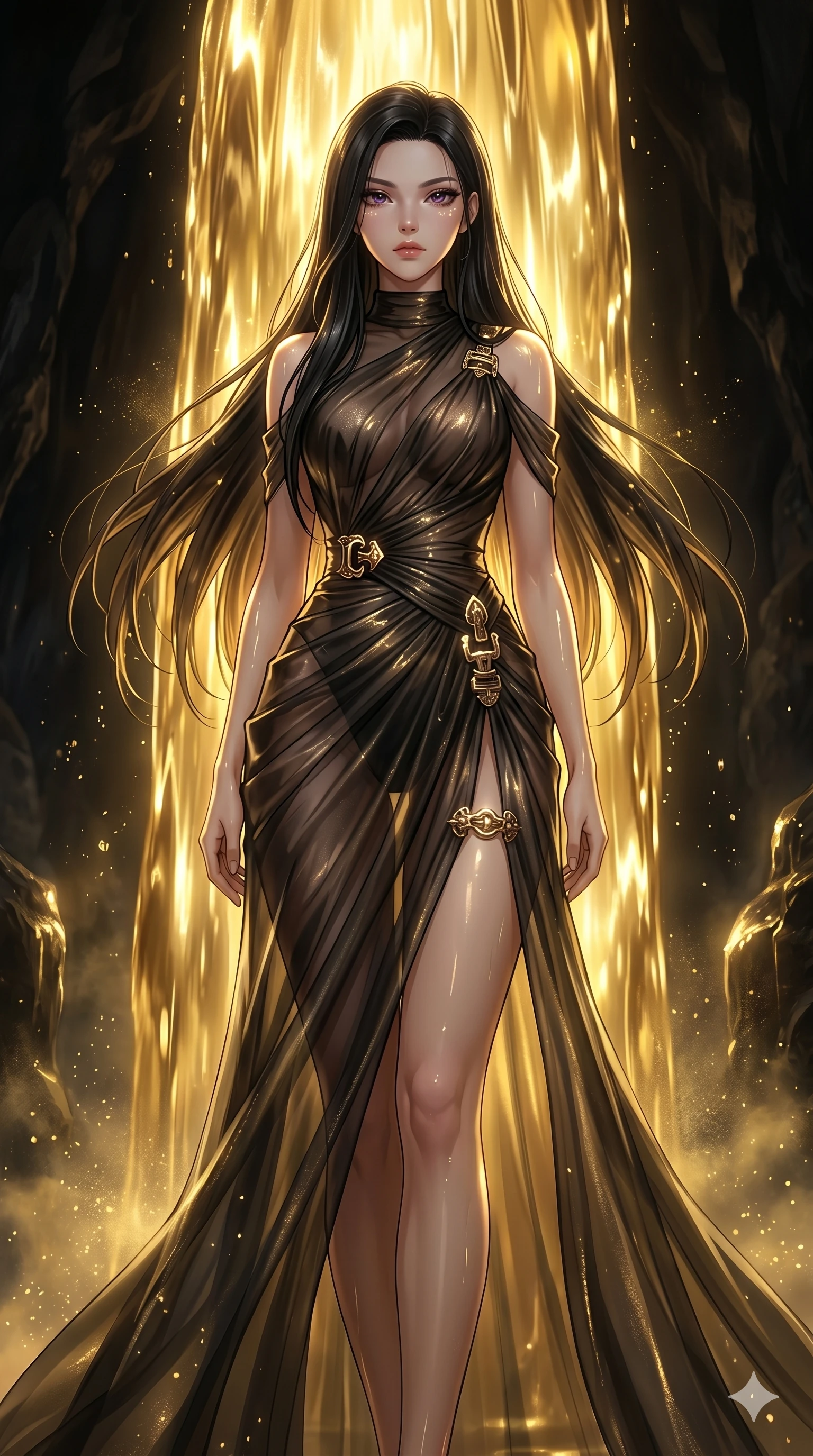 score_9, masterpiece, best quality, ultra-detailed, High-budget Anime Keyframe, East Asian woman. Low angle cowboy shot filling the entire 9:16 frame with her statuesque presence. Scenario 239: Standing under a waterfall of liquid gold, the artistic light reflections on her silhouette. Her presence is magnetic and overpowering in this high-budget anime scene. Outfit 239: A shimmering chiffon translucent with a sculptural over-the-knee slit and metallic buckles. The clothing is designed to emphasize her exceptionally tall and slender 8-heads proportion. 8-heads proportion, towering silhouette, ultra-slim waist. sharp v-shaped jawline, intricate jewel-like eyes with depth, thick eyelashes, glossy lips. 2k, ultra detail, master piece, 9:16 ratio