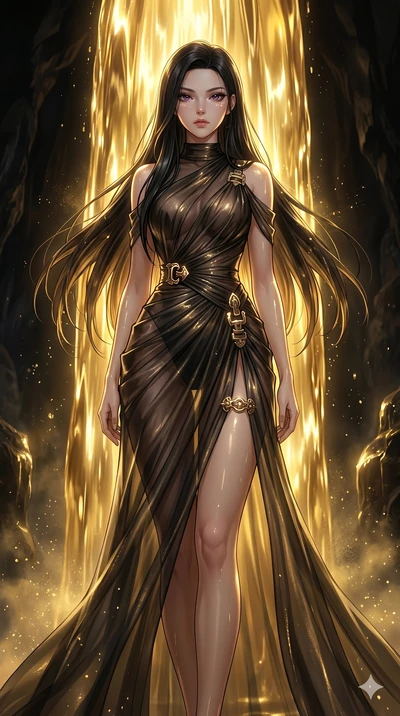 score_9, masterpiece, best quality, ultra-detailed, High-budget Anime Keyframe, East Asian woman. Low angle cowboy shot filling the entire 9:16 frame with her statuesque presence. Scenario 239: Standing under a waterfall of liquid gold, the artistic 
