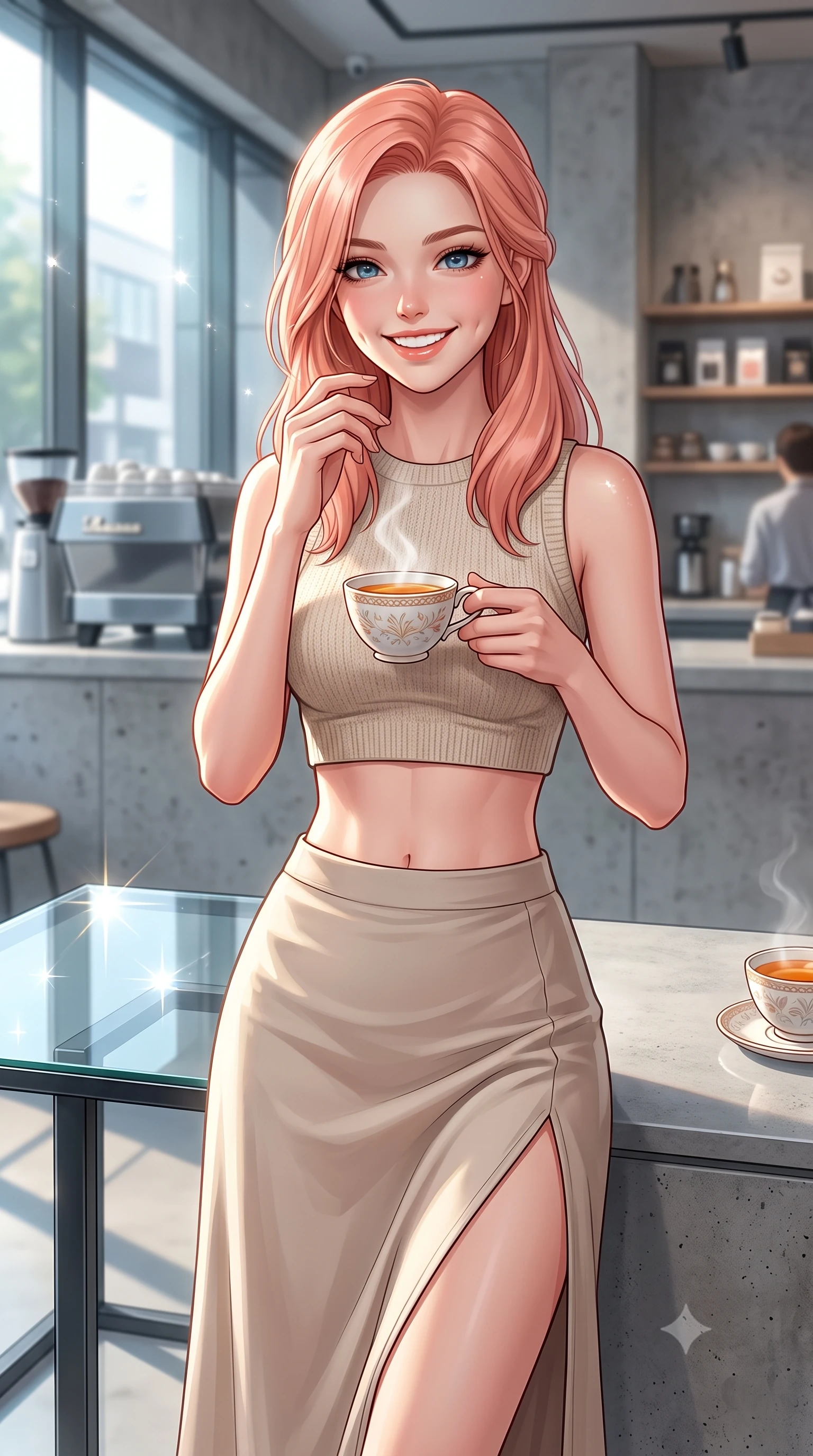 score_9, masterpiece, best quality, ultra-detailed, high-budget anime keyframe, editorial fashion photography, tasteful artistic composition, Japanese woman. close-up cowboy shot from the waist and thighs up, the character dominates the composition, filling the frame with her large presence, background elements kept in soft focus. smiling with soft, captivating dimples, casting a warm yet magnetic gaze directly into the lens set against a soft-focus background of inside a modern minimalist espresso bar with sleek glass windows and concrete counters holding a delicate ceramic cup of herbal tea with steam rising gently. She has an exceptionally elegant, slender, and willowy female figure with an ultra-slim waist, a gracefully sculpted slender torso, and a refined silhouette. sharp v-shaped jawline, high-bridge nose, intricate jewel-like eyes with depth, thick eyelashes, glossy lips with a natural sheen. wearing tailored crop top in oatmeal knit paired with a flowy midi skirt featuring a high side slit. bright daylight reflecting off the glass table and creating sparkling glints. highly saturated vibrant anime colors, detailed shading with soft gradients, rich glossy textures, high-contrast stereoscopic depth, volumetric dynamic lighting, master piece, 9:16 ratio