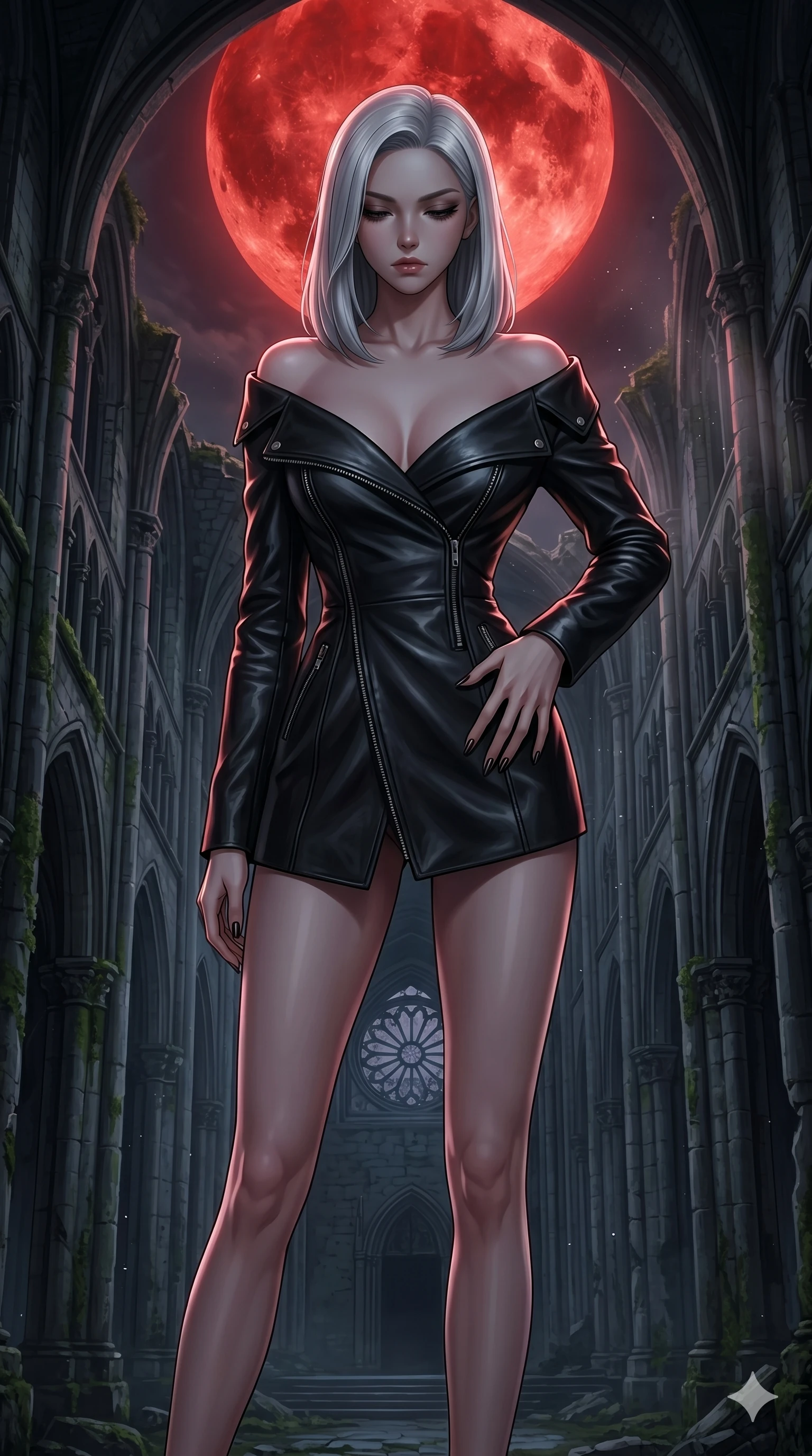 score_9, masterpiece, best quality, ultra-detailed, high-budget anime keyframe, editorial fashion photography, tasteful artistic composition, Korean woman. cowboy shot from the thighs up, character and outfit filling the frame for maximum editorial presence. looking down with lowered lashes, her expression dark and filled with silent contempt, one hand tracing her waist standing inside a gothic cathedral ruins under a giant blood-red moon (Scenario Code H-15). She has an absolutely perfect 8-heads proportion, an exceptionally tall and slender female figure with impossibly long slender legs and an ultra-slim waist. V-shaped jawline, high-bridge nose, intricate jewel-like eyes with depth, thick eyelashes, glossy lips with a natural sheen. wearing an asymmetric black leather wrap jacket unzipped deeply to show her bare shoulders and clavicle lines. illuminated by a sharp side key light tracing her sleek curves against the darkness. 2k, ultra detail, master piece, 9:16 ratio
