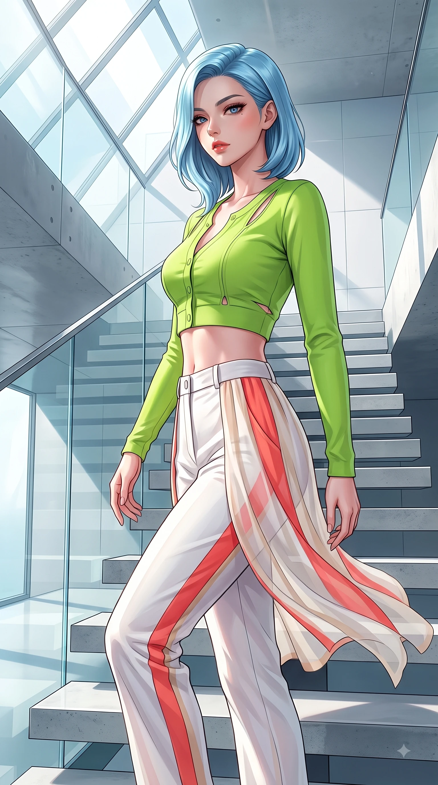 score_9, masterpiece, best quality, ultra-detailed, high-budget anime keyframe, editorial fashion photography, tasteful artistic composition, Korean woman. close-up cowboy shot from the waist and thighs up, the character dominates the composition, filling the frame with her large presence. Seductively magnetic look casting a fiery side-gaze with full glossy lips and smoldering glamour while ascending a minimalist floating staircase with flawless statuesque proportions. The surrounding environment is rendered in vivid detail and crisp panoramic clarity. sleek minimalist interior design captured with high-contrast environmental precision. She has an exceptionally elegant, slender, and willowy female figure with an ultra-slim waist, a gracefully sculpted slender torso, and a refined silhouette. sharp v-shaped jawline, high-bridge nose, intricate jewel-like eyes with depth, thick eyelashes, glossy lips with a natural sheen, flawlessly proportioned anatomical accuracy, natural body alignment, perfectly sculpted elegant limbs, clean dynamic posture without body distortion. wearing a bright lime green cropped cardigan paired with high-waist white linen trousers in vibrant coral red and soft beige, woven from fine lightweight chiffon fluttering gracefully, complemented by clean architectural seams and subtle cutouts, the form-contouring material accentuating her ultra-slim waist and long lines. bathed in crisp, high-contrast sunlight filtering through geometric glass panes. highly saturated vibrant anime colors, detailed shading with soft gradients, rich glossy textures, high-contrast stereoscopic depth, volumetric dynamic lighting, master piece, 9:16 ratio