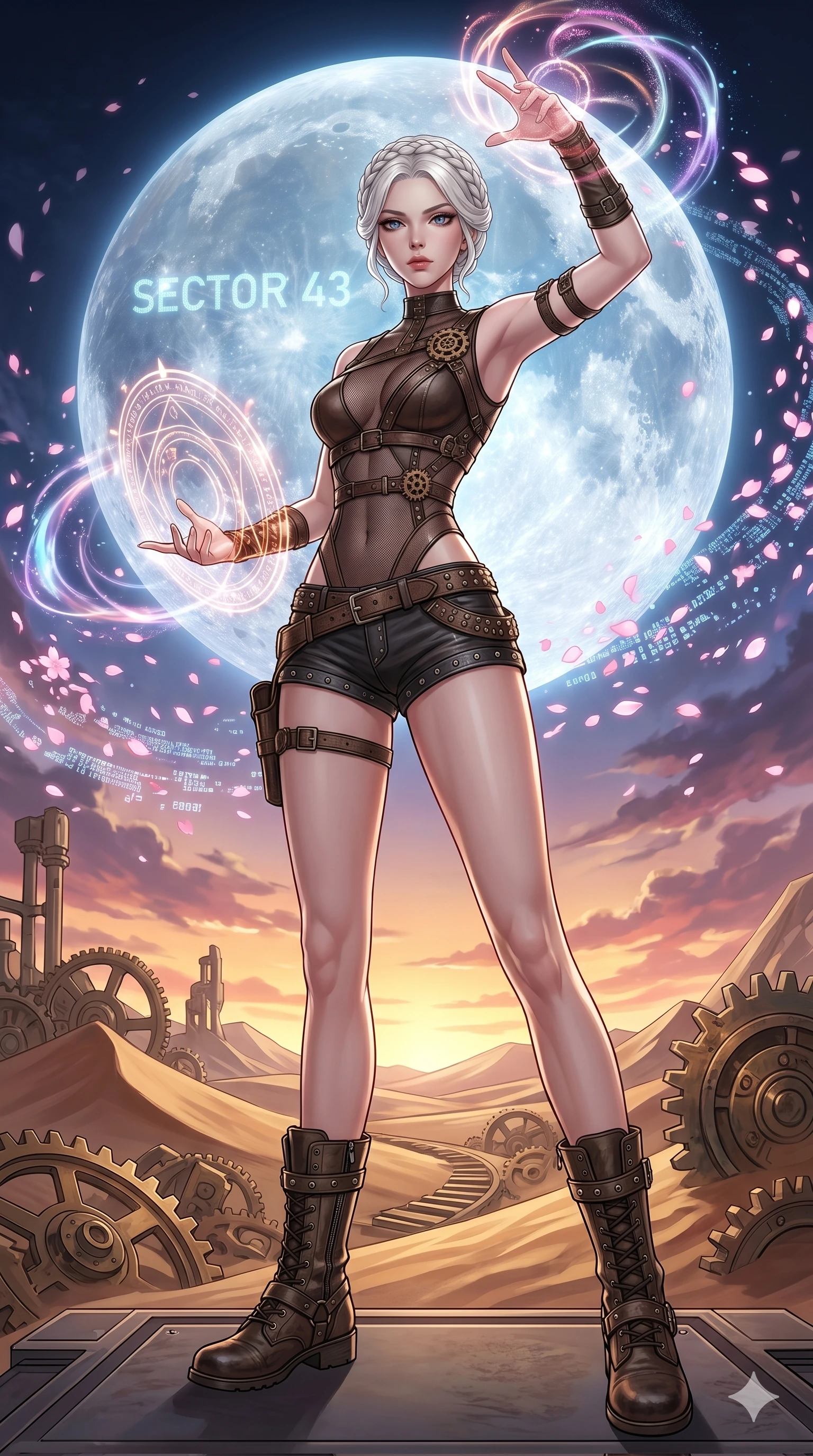 score_9, masterpiece, best quality, ultra-detailed, Set A: High-budget Anime Keyframe, Caucasian (strictly human ears) woman. Low angle cowboy shot filling the entire 9:16 frame with her statuesque presence. Casting a spell through a clockwork desert, with a massive holographic moon rising behind her marked as sector 43 and surrounded by digital sakura petals. She has an absolutely perfect 8-heads proportion, an exceptionally tall and slender female figure with impossibly long slender legs and an ultra-slim waist. Sharp v-shaped jawline, high-bridge nose, intricate jewel-like eyes with depth, thick eyelashes, glossy lips with a natural sheen. Wearing Asymmetrical leather harness over a sheer mesh leotard and studded micro-shorts. Cinematic lighting, vibrant colors, dramatic shadows, 2k, ultra detail, master piece, 9:16 ratio