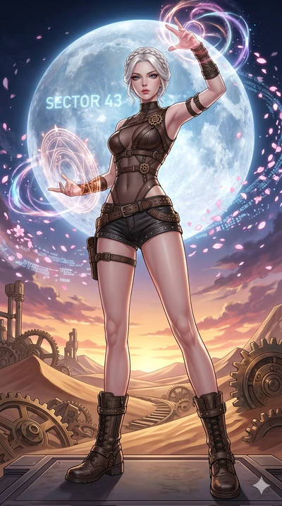 score_9, masterpiece, best quality, ultra-detailed, Set A: High-budget Anime Keyframe, Caucasian (strictly human ears) woman. Low angle cowboy shot filling the entire 9:16 frame with her statuesque presence. Casting a spell through a clockwork desert