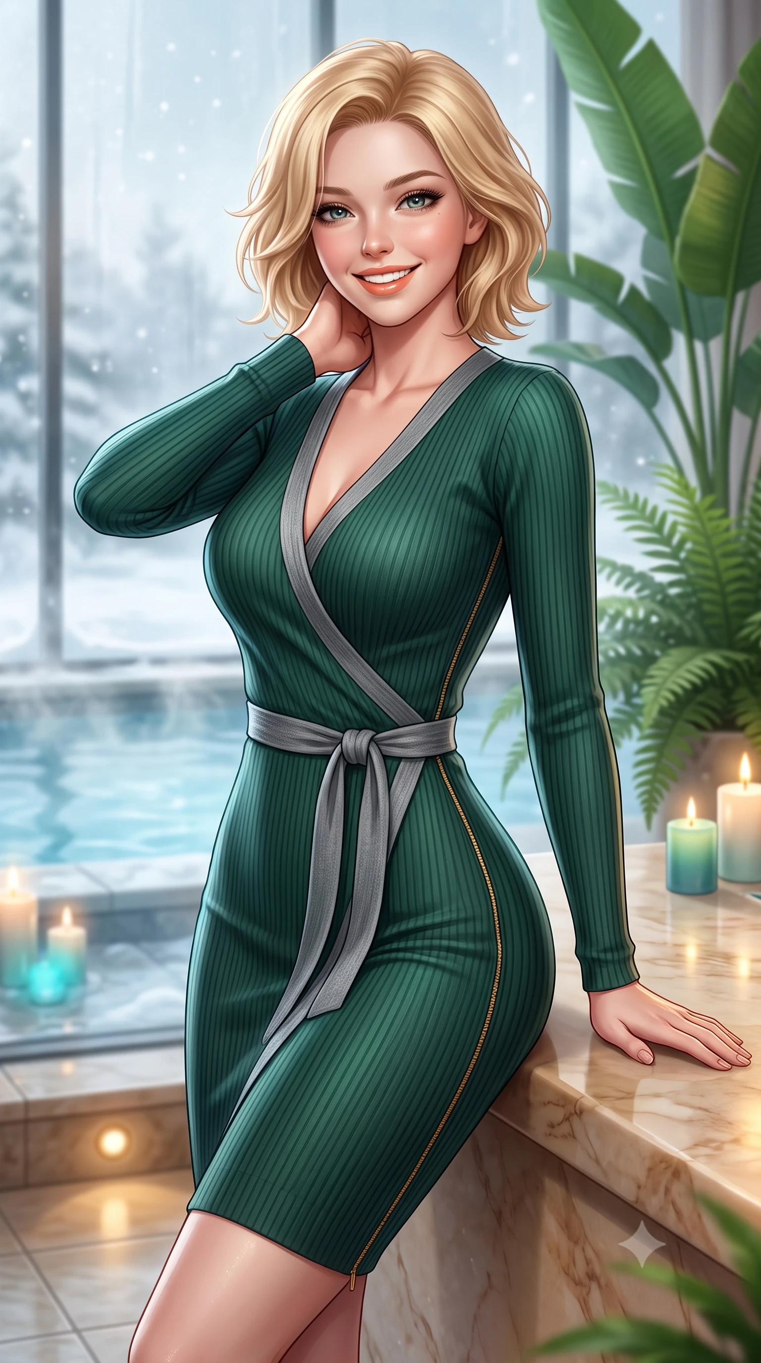 score_9, masterpiece, best quality, ultra-detailed, high-budget anime keyframe, semi-realistic 3D game render, editorial fashion photography, tasteful artistic composition, Caucasian woman. close-up cowboy shot from the waist and thighs up, the character dominates the composition, filling the frame with her large presence. resting one hand lightly behind her neck, arching her back with supermodel poise while beaming with an infectious radiant smile while leaning against a smooth heated marble bench, resting one hand on the warm stone with effortless wellness-model grace. The background shows a soft-focus steaming outdoor snow pools seen through glass, lush indoor banana palms and ferns, and soft candlelight blurred into jade, azure, and vaporous white bokeh. She has an exceptionally elegant, slender, and willowy female figure with an ultra-slim waist, flat toned midriff, narrow ribcage, and sculpted feminine hips creating an alluring, slim hourglass silhouette without bulk. sharp v-shaped jawline, high-bridge nose, intricate jewel-like sparkling eyes with depth, thick eyelashes, glossy parted lips with a natural peach sheen, bright cheerful beaming smile with an enchanting and coquettish sensual glint, exuding both youthful cute charm and seductive allure, flawlessly proportioned anatomical accuracy, strict slender model proportions, natural body alignment, perfectly sculpted long slender limbs, ultra-slim waistline, clean dynamic posture without body distortion. wearing a form-fitting ribbed silk-cashmere wrap dress with a cinched sash belt framing her feminine hourglass proportions in St. Moritz pine forest emerald and heather grey, woven from fluid liquid silk jersey that clings smoothly to her narrow waist and rounded hips with a dewy sheen, featuring fine gold zipper details tracing the vertical spine and contour seams, the glove-like clinging cut tightly following the natural contour of her hips and long slender legs with youthful 8.5-heads elegance. bathed in calm diffused winter daylight filtering through steamy glass panes combined with warm 2800K recessed floor lights. highly saturated vibrant anime colors, detailed shading with soft gradients, rich glossy textures, high-contrast stereoscopic depth, volumetric dynamic lighting, master piece, 9:16 ratio