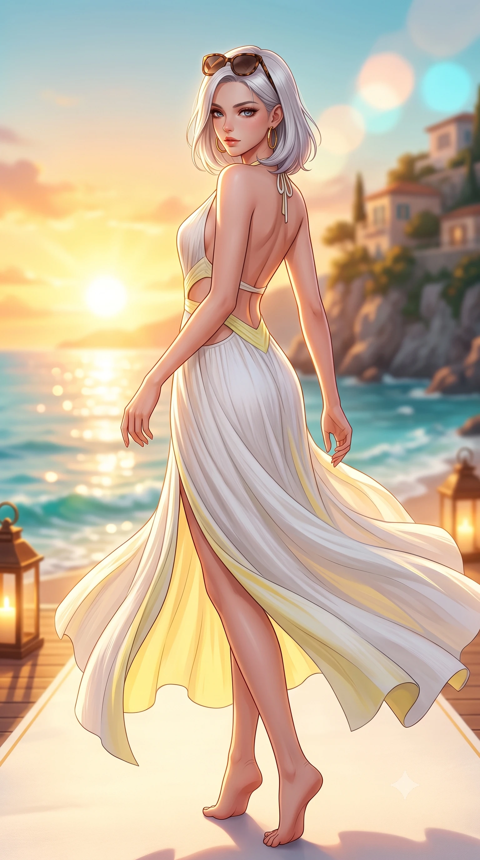 score_9, masterpiece, best quality, ultra-detailed, high-budget anime keyframe, semi-realistic 3D game render, editorial fashion photography, tasteful artistic composition, Caucasian woman. low angle full-body shot from head to toe showing her feet, filling the entire 9:16 vertical frame with her statuesque presence, stretching her vertical silhouette. executing an elegant mid-motion pivot turn as garments swirl around her slender limbs, glancing over her shoulder with an intoxicating bedroom-gaze while lying face down on a plush sunbed with head turned toward the camera, legs playfully bent at the knees to highlight her rounded hip silhouette. The composition keeps background elements in soft focus with creamy bokeh. glittering golden Mediterranean waves and distant coastal cliff villas blurred into molten amber, peach, and turquoise bokeh. She has an absolutely perfect, statuesque 8.5-heads proportion, an exceptionally tall and slender model-like female figure with impossibly long slender legs, a toned flat midriff, an ultra-slim waist, and beautifully sculpted feminine hips. sharp v-shaped jawline, high-bridge nose, intricate jewel-like eyes with depth, thick eyelashes, glossy parted lips with a natural sheen, intensely captivating and seductive bedroom-eyes expression, flawlessly proportioned anatomical accuracy, strict slender model proportions, natural body alignment, perfectly sculpted long slender limbs, ultra-slim waistline, clean dynamic posture without body distortion. wearing a backless Grecian goddess draped dress with side-waist cutouts and a fluid floor-length slit in pure alabaster white and lemon yellow accents, crafted from breathable crinkled linen and lightweight modal knit, accessorized with oversized designer tortoiseshell sunglasses and gold hoop earrings, the liquid-tight tailored fabric clinging flawlessly to her narrow waist and rounded feminine hips, emphasizing every millimeter of her sculpted hourglass curves during movement. bathed in glorious golden hour sunset backlighting and warm amber deck lantern fill. highly saturated vibrant anime colors, detailed shading with soft gradients, rich glossy textures, high-contrast stereoscopic depth, volumetric dynamic lighting, master piece, 9:16 ratio