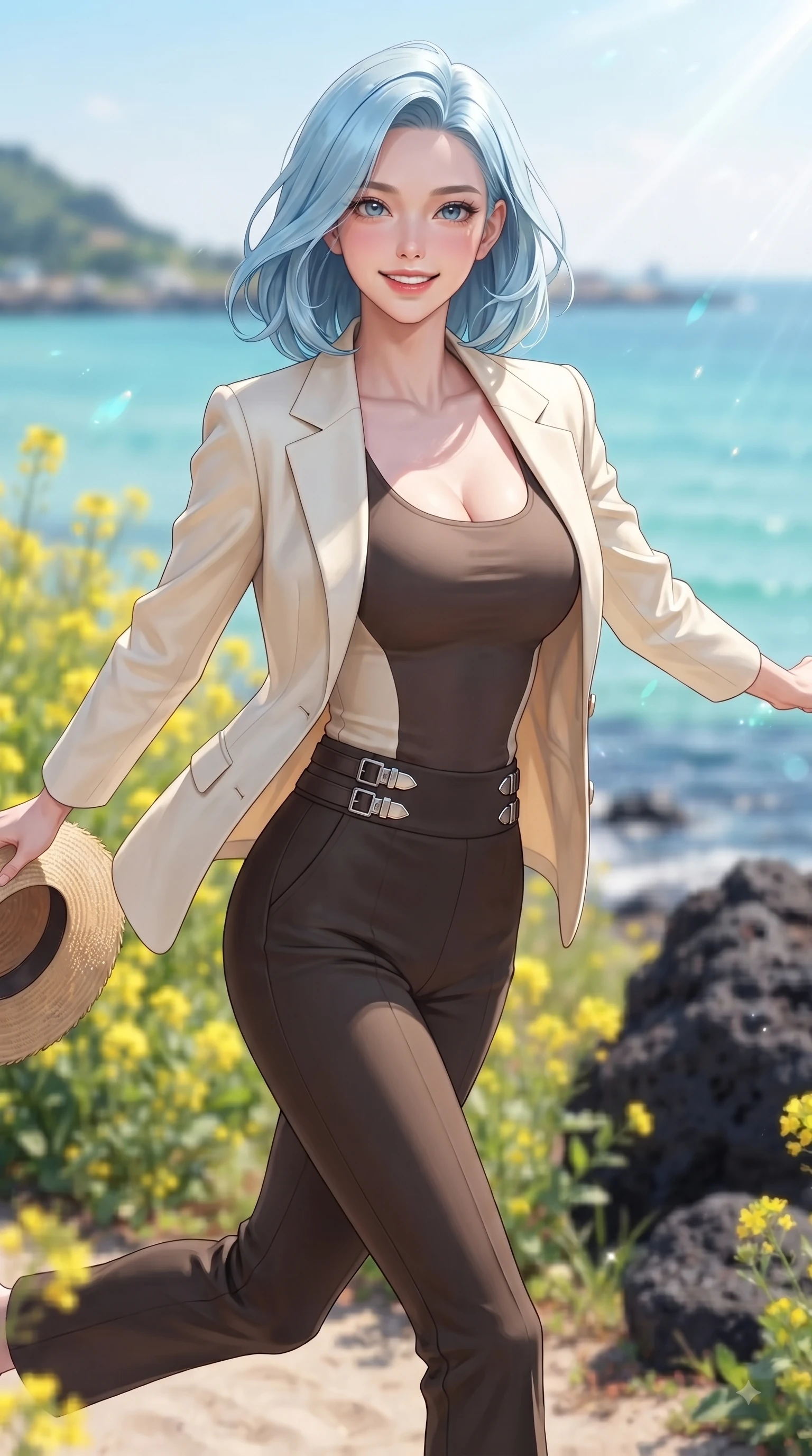 score_9, masterpiece, best quality, ultra-detailed, high-budget anime keyframe, editorial fashion photography, tasteful artistic composition, Korean woman. close-up cowboy shot from the waist and thighs up, the character dominates the composition, filling the frame with her large presence, background elements kept in soft focus. Gazing directly into the camera with a fresh, infectious smile as her torso curves dynamically in mid-stride while running playfully along an emerald sea beach with a straw sunhat held lightly in one hand, blooming yellow canola flowers and dark volcanic basalt rocks contrasting with azure sea. She has an exceptionally elegant, slender, and willowy female figure with an ultra-slim waist, a gracefully sculpted slender torso, and a refined silhouette. sharp v-shaped jawline, high-bridge nose, intricate jewel-like eyes with depth, thick eyelashes, glossy lips with a natural sheen, flawlessly proportioned anatomical accuracy, natural body alignment, perfectly sculpted elegant limbs, clean dynamic posture without body distortion. wearing a tailored cream silk blazer over a form-contouring scoop-neck top and slacks in espresso brown and warm cream, formed from sleek second-skin neoprene, detailed with polished silver buckles along the waistline, the form-contouring material highlighting her ultra-slim waist and long lines. bathed in bright sunny tropical sunbeams and sparkling turquoise sea refractions. ultra-reflective glossy finish, specular highlights, metallic sheen, high-contrast stereoscopic depth, volumetric dynamic lighting, 2k, ultra detail, master piece, 9:16 ratio