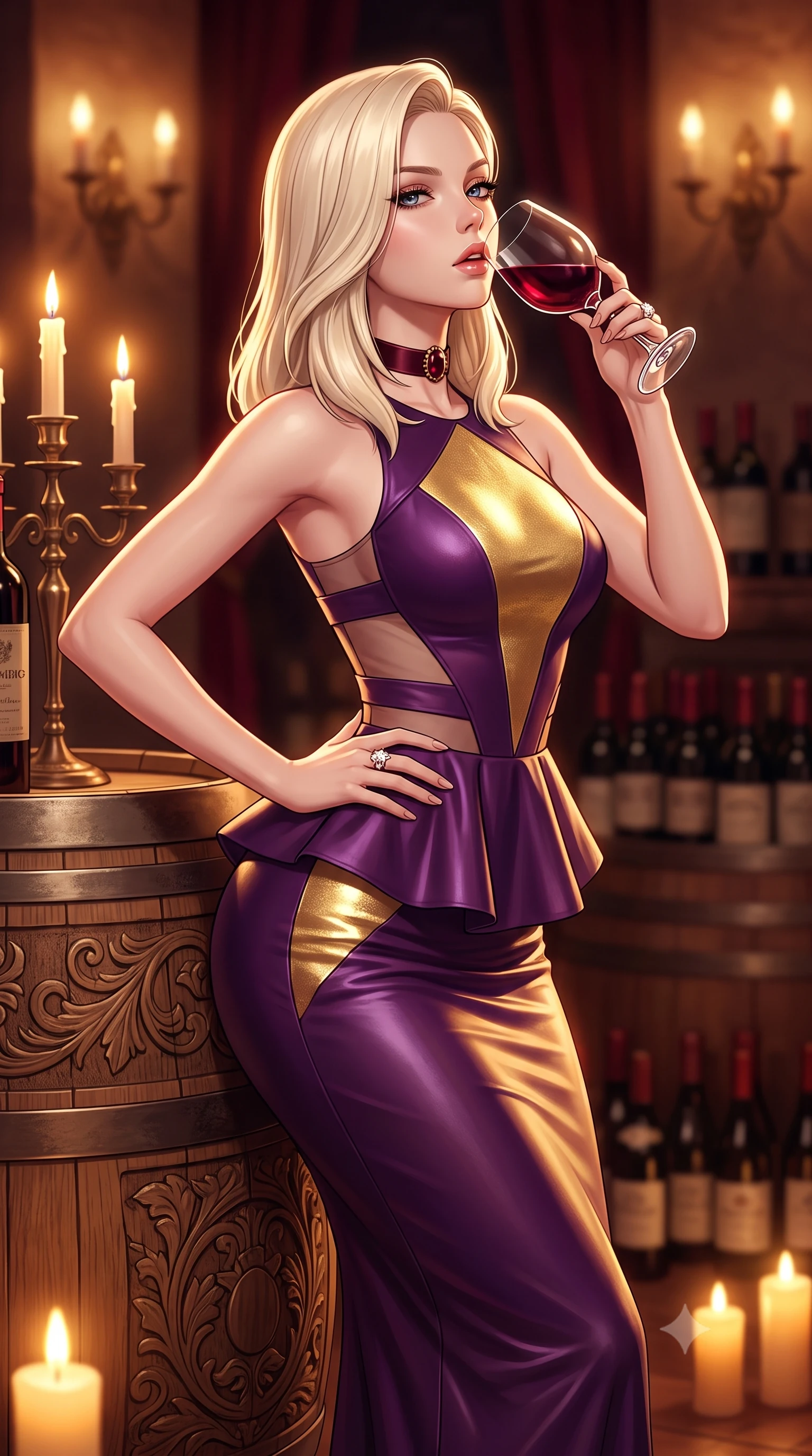 score_9, masterpiece, best quality, ultra-detailed, high-budget anime keyframe, semi-realistic 3D game render, editorial fashion photography, tasteful artistic composition, Caucasian woman. close-up cowboy shot from the waist and thighs up, the character dominates the composition, filling the frame with her large presence. tilting her chin up with proud, sovereign allure while gazing through thick eyelashes, one hand resting on her waist in pure supermodel charisma while resting one hip against a massive carved oak wine barrel with lower back arched, raising a crystal goblet of deep red wine to her parted glossy lips while looking over her shoulder. The composition keeps background elements in soft focus with creamy bokeh. thousands of dusty vintage wine bottles and flickering wall sconces blurred into deep ruby, warm amber, and aged burgundy bokeh. She has an exceptionally elegant, slender, and willowy female figure with an ultra-slim waist, a gracefully sculpted slender torso, toned flat midriff, and rounded feminine hips creating an alluring hourglass silhouette. sharp v-shaped jawline, high-bridge nose, intricate jewel-like eyes with depth, thick eyelashes, glossy parted lips with a natural sheen, intensely captivating and seductive bedroom-eyes expression, flawlessly proportioned anatomical accuracy, strict slender model proportions, natural body alignment, perfectly sculpted long slender limbs, ultra-slim waistline, clean dynamic posture without body distortion. wearing a structural geometric peplum gown with sheer side-ribbon cutouts and form-fitting skirt in royal plum violet and shimmering gold leaf, crafted from second-skin supple lambskin leather with liquid drape, complemented by a bold antique garnet choker and sparkling cocktail ring, the liquid-tight tailored fabric clinging flawlessly to her narrow waist and rounded feminine hips, emphasizing every millimeter of her sculpted hourglass curves during movement. bathed in warm flickering candlelight from antique candelabras and soft amber floor uplights. highly saturated vibrant anime colors, detailed shading with soft gradients, rich glossy textures, high-contrast stereoscopic depth, volumetric dynamic lighting, master piece, 9:16 ratio