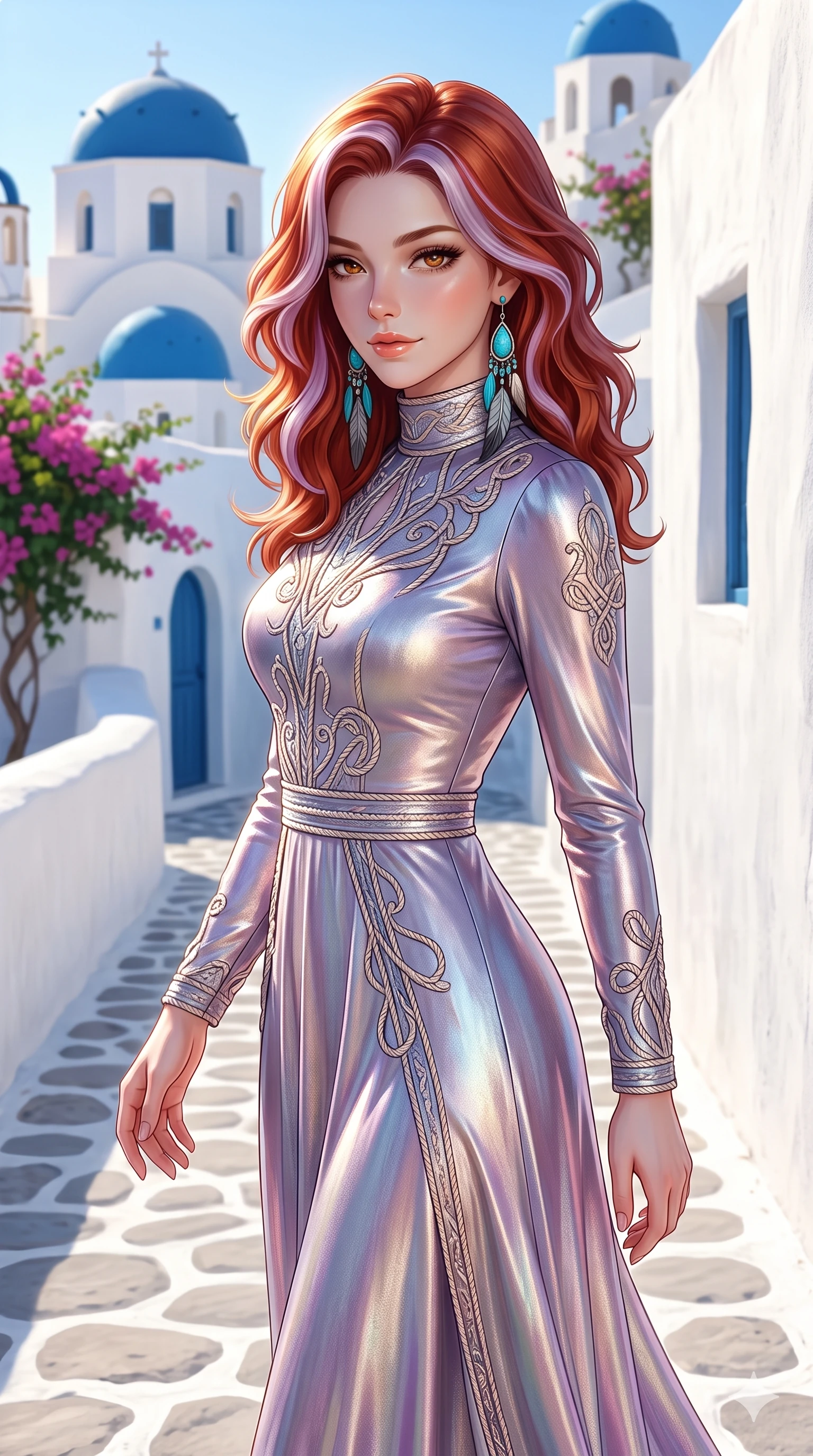score_9, masterpiece, best quality, ultra-detailed, high-budget anime keyframe, semi-realistic 3D game render, editorial fashion photography, tasteful artistic composition, Caucasian woman. close-up cowboy shot from the waist and thighs up, the character dominates the composition, filling the frame with her large presence. twisting her slender torso in a deep contrapposto stance, hips dramatically shifted to accentuate her feminine curves while looking past her shoulder with smoldering bedroom-eyes while walking slowly down the whitewashed cobblestone path with hypnotic grace, hips swaying in an alluring sensual rhythm that accentuates her curvy hourglass silhouette. The surrounding environment is rendered in vivid detail and crisp panoramic clarity: detailed plunging zip rashguard cling, glossy lip sheen, and classic Cycladic architecture in razor-sharp precision. She has an exceptionally elegant, slender, and willowy female figure with an ultra-slim waist, flat toned midriff, narrow ribcage, and sculpted feminine hips creating an alluring, slim hourglass silhouette without bulk. sharp v-shaped jawline, high-bridge nose, sparkling eyes with hypnotic seductive depth, thick curled eyelashes, glossy parted lips with a natural dewy peach sheen, alluring bedroom-eyes with an enchanting coquettish smile, exuding magnetic siren charisma and sophisticated glamour, flawlessly proportioned anatomical accuracy, strict slender model proportions, natural body alignment, perfectly sculpted long slender limbs, ultra-slim waistline, clean dynamic posture without body distortion. wearing a prestigious high-neck long-sleeve silk resort maxi gown with modest silhouette and nautical rope embroidery in iridescent mother-of-pearl and dusk lavender, crafted from luxurious metallic lamé that shifts radiance with every step, accented with turquoise and silver bohemian feather earrings swaying near her bare neck, the bespoke structured tailoring following the natural line of her 8.5-heads silhouette with refined elegance. illuminated by whitewashed wall bounce and sharp cobalt-gold rim lights defining her razor-sharp jawline, narrow waist, and curvy hips. highly saturated vibrant anime colors, detailed shading with soft gradients, rich glossy textures, high-contrast stereoscopic depth, volumetric dynamic lighting, master piece, 9:16 ratio
