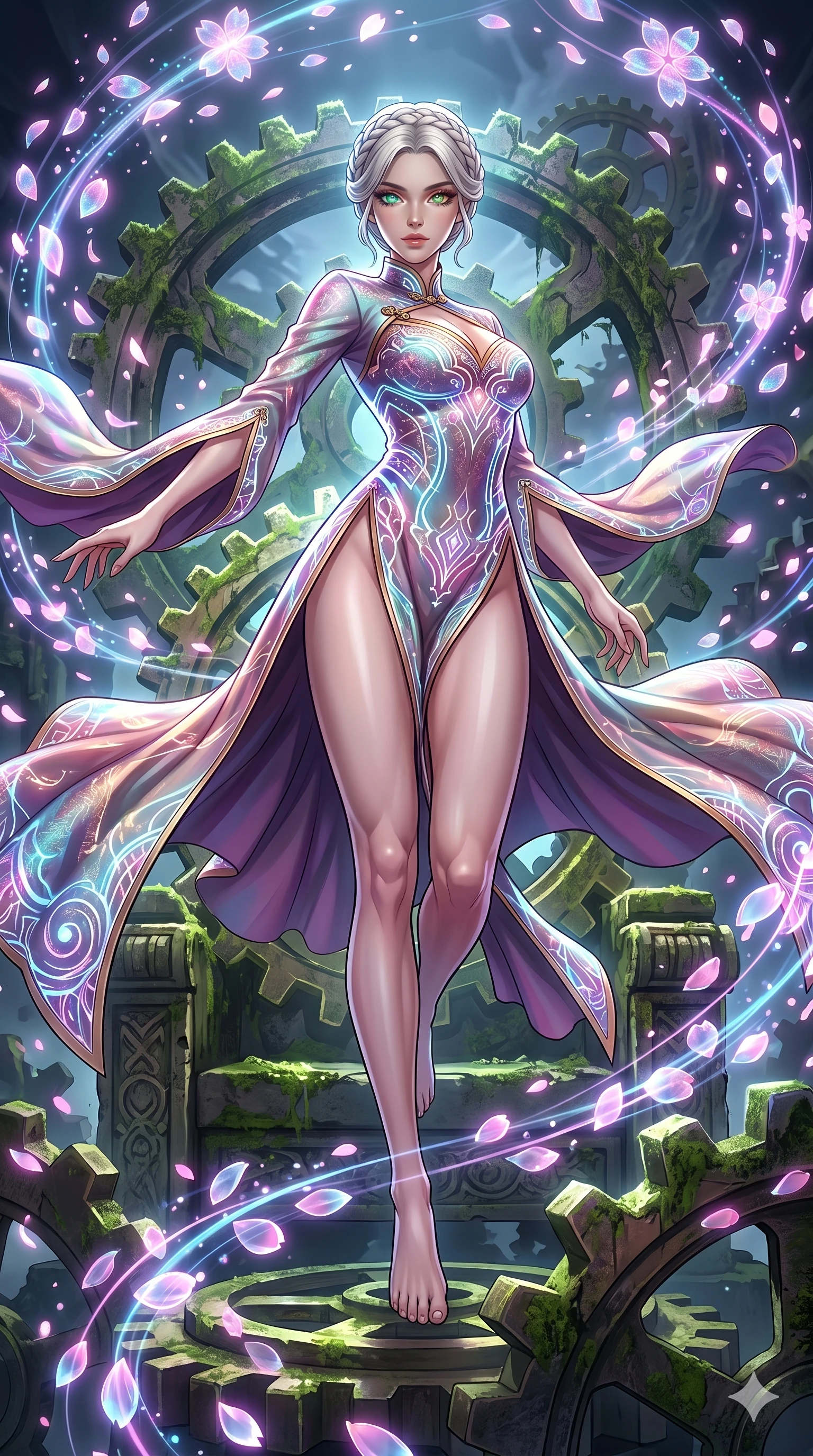 score_9, masterpiece, best quality, ultra-detailed, Set A: High-budget Anime Keyframe, Caucasian (strictly human ears) woman. Low angle cowboy shot filling the entire 9:16 frame with her statuesque presence. Leaping through a throne of gears, while her eyes glow with 90 different colors and surrounded by digital sakura petals. She has an absolutely perfect 8-heads proportion, an exceptionally tall and slender female figure with impossibly long slender legs and an ultra-slim waist. Sharp v-shaped jawline, high-bridge nose, intricate jewel-like eyes with depth, thick eyelashes, glossy lips with a natural sheen. Wearing Ornate traditional silk gown with futuristic glowing patterns and a massive high slit. Cinematic lighting, vibrant colors, dramatic shadows, 2k, ultra detail, master piece, 9:16 ratio