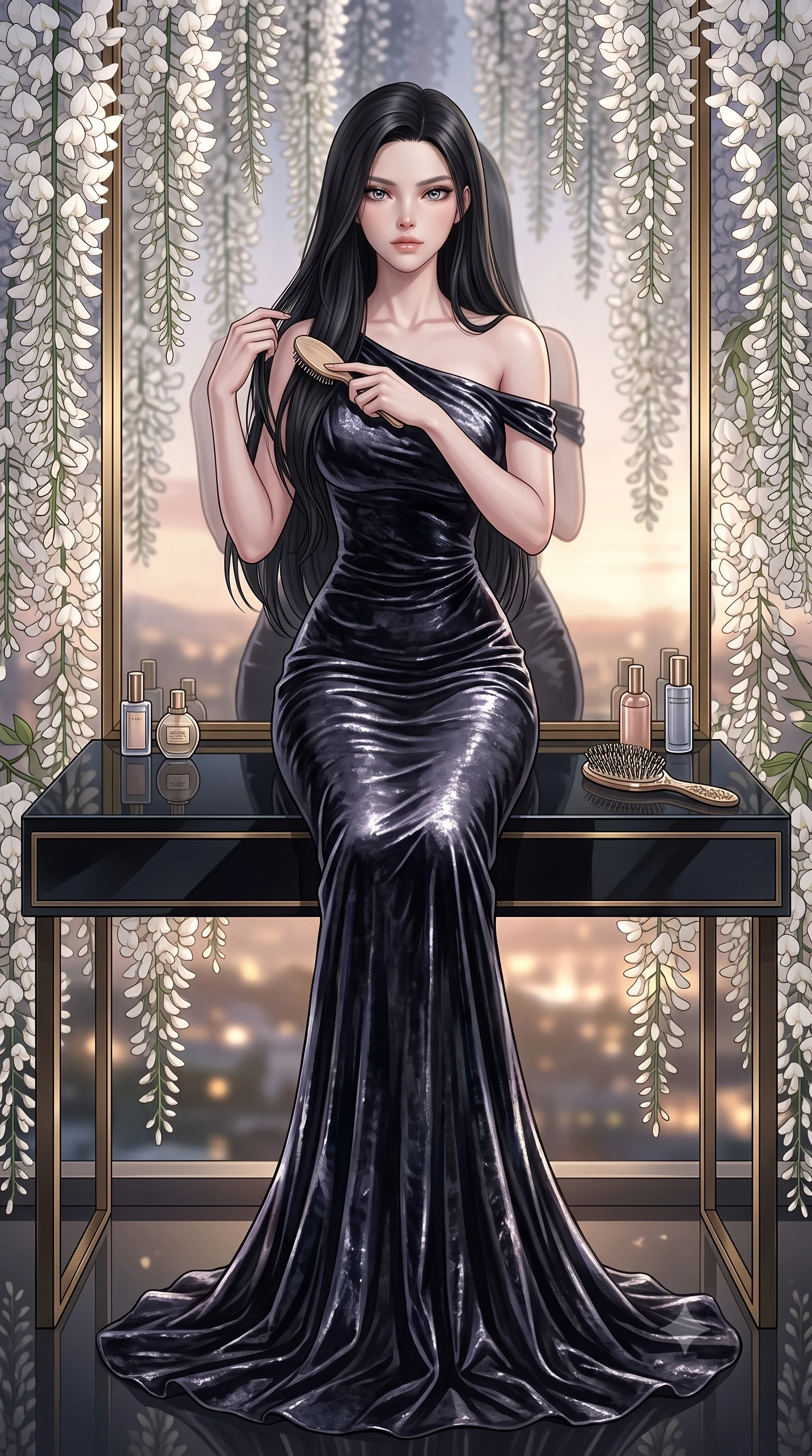 score_9, masterpiece, best quality, ultra-detailed, High-budget Anime Keyframe, East Asian woman. Low angle cowboy shot filling the entire 9:16 frame with her statuesque presence. Scenario 258: brushing her hair while seated before a vanity of black glass in a quiet balcony surrounded by trailing white wisteria flowers. Her presence is magnetic and overpowering in this high-budget anime scene. Outfit 258: a slim-fit crushed dark velvet long with a low-cut shoulder and wet-look texture. The clothing is designed to emphasize her exceptionally tall and slender 8-heads proportion. 8-heads proportion, towering silhouette, ultra-slim waist. sharp v-shaped jawline, intricate jewel-like eyes with depth, thick eyelashes, glossy lips. 2k, ultra detail, master piece, 9:16 ratio