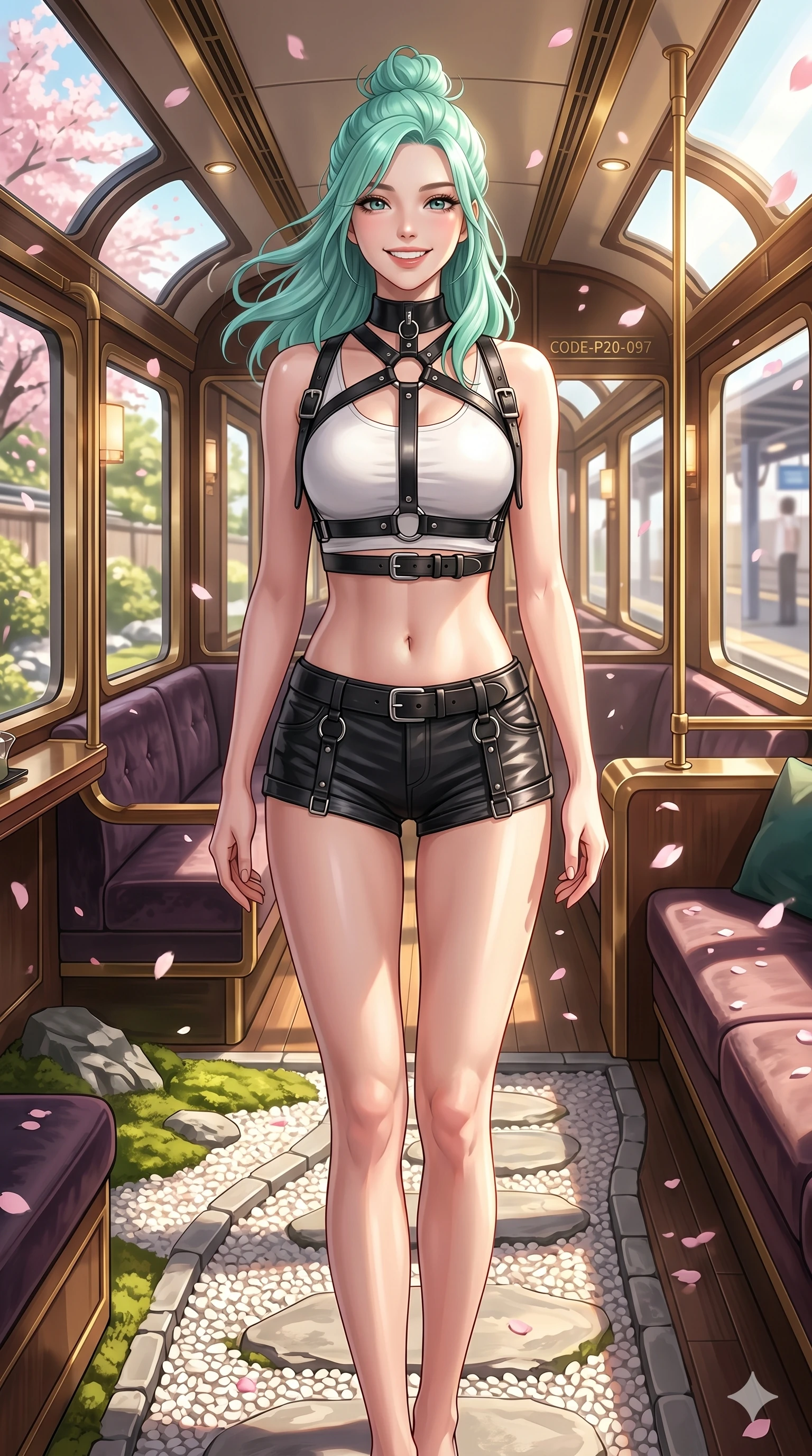 score_9, masterpiece, best quality, ultra-detailed, high-budget anime keyframe, vibrant anime aesthetic, Japanese woman. cowboy shot from the thighs up, character and outfit filling the frame for maximum presence. She is standing in a garden path, smiling delightfully as cherry blossoms fall around her inside a luxury train lounge car in the sun (Code-P20-097). She has an absolutely perfect 8-heads proportion, an exceptionally tall and slender female figure with impossibly long slender legs and an ultra-slim waist. V-shaped jawline, high-bridge nose, intricate jewel-like eyes with depth, thick eyelashes, glossy lips with a natural sheen. wearing a harness over a crop top exposing bare midriff and micro-shorts. She is illuminated by a brilliant midday sun, highlighting her athletic figure and smile. 2k, ultra detail, master piece, 9:16 ratio