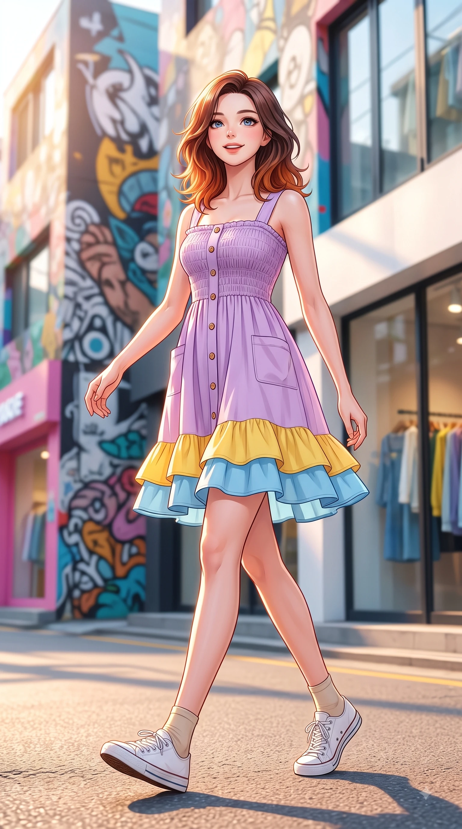score_9, masterpiece, best quality, ultra-detailed, high-budget anime keyframe, editorial fashion photography, tasteful artistic composition, Korean woman. low angle full-body shot from head to toe showing her feet, filling the entire 9:16 vertical frame with her statuesque presence, stretching her vertical silhouette. stepping forward gracefully in mid-motion with a delighted cute expression, displaying her statuesque model proportions while walking dynamically down a stylish Seongsu street lined with colorful fashion pop-up stores. The composition keeps background elements in soft focus with dreamy bokeh. stylish street art murals and modern shop windows softened by gentle shallow depth of field. She has an absolutely perfect, statuesque 8.5-heads proportion, an exceptionally tall and slender model-like female figure with impossibly long slender legs and an ultra-slim waist. sharp v-shaped jawline, high-bridge nose, intricate jewel-like eyes with depth, thick eyelashes, glossy lips with a natural sheen, flawlessly proportioned anatomical accuracy, natural body alignment, perfectly sculpted elegant limbs, clean dynamic posture without body distortion. wearing a romantic lilac square-neck sundress with soft smocked bodice and fluttery hem in sunny daffodil yellow and clear sky blue, tailored from crisp cotton poplin, finished with neat front wooden buttons and pocket details, the relaxed yet flattering fit accentuating her naturally graceful and slender figure. bathed in bright golden hour sunshine and warm urban ambient illumination. highly saturated vibrant anime colors, detailed shading with soft gradients, rich glossy textures, high-contrast stereoscopic depth, volumetric dynamic lighting, master piece, 9:16 ratio