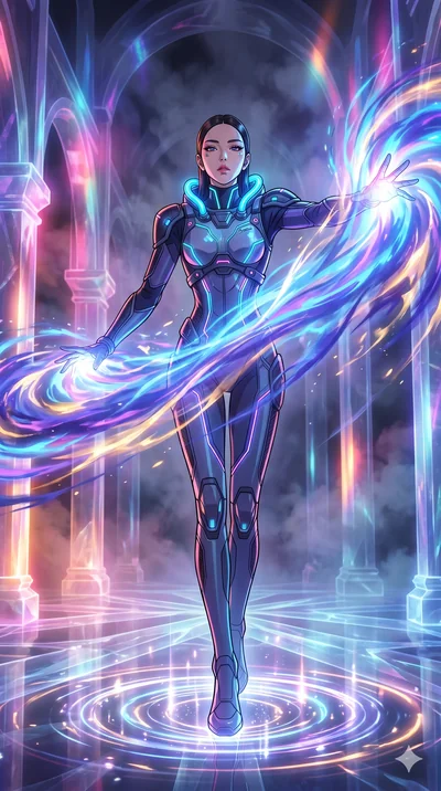 score_9, masterpiece, best quality, ultra-detailed, Set A: High-budget Anime Keyframe, Korean woman. Low angle cowboy shot filling the entire 9:16 frame with her statuesque presence. Theme: Ethereal Dream. unleashing a massive energy wave in a temple
