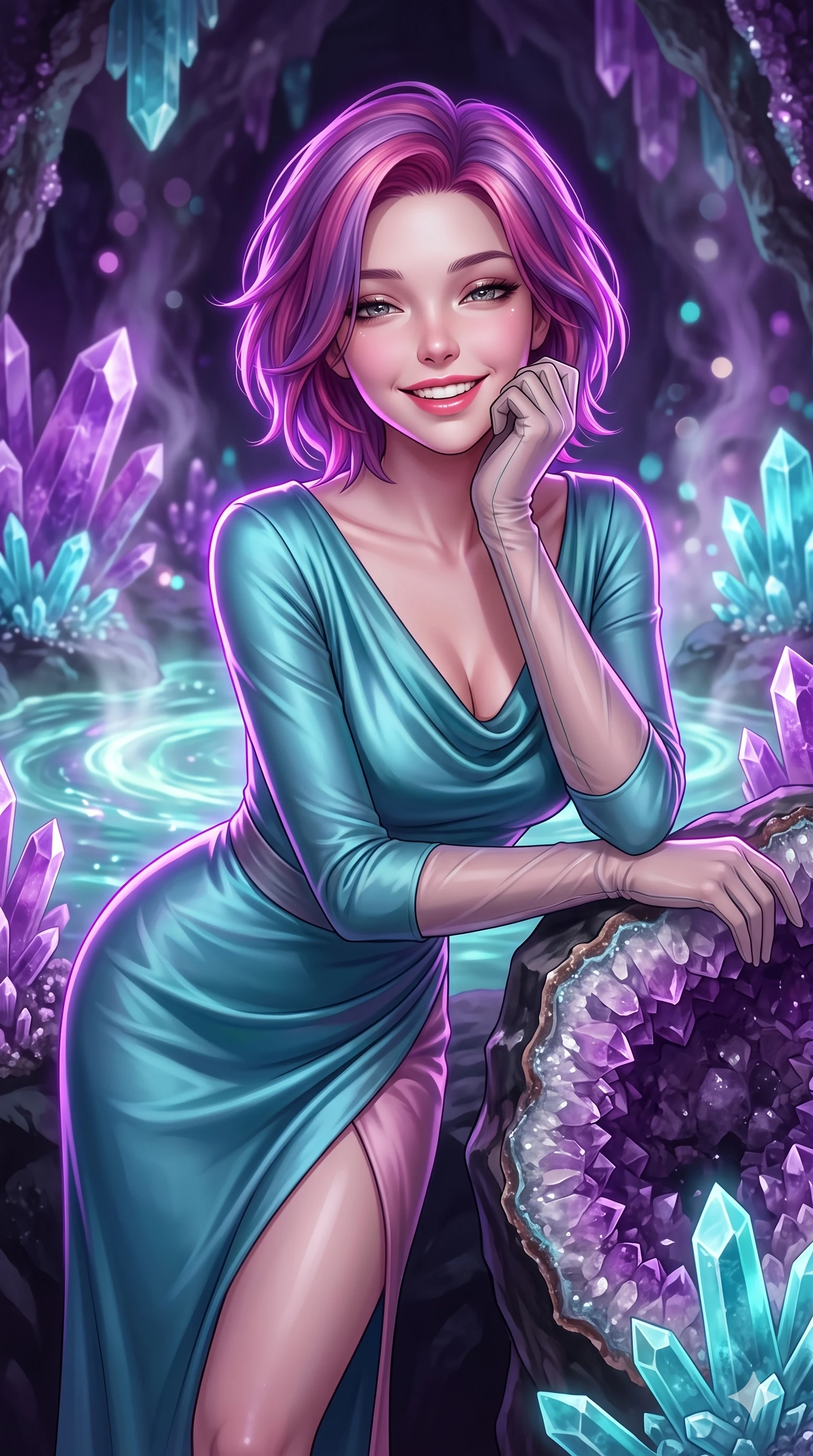 score_9, masterpiece, best quality, ultra-detailed, high-budget anime keyframe, semi-realistic 3D game render, editorial fashion photography, tasteful artistic composition, Caucasian woman. close-up cowboy shot from the waist and thighs up, the character dominates the composition, filling the frame with her large presence. resting one elbow on the table and supporting her chin, leaning close to the camera with heavy-lidded sparkling eyes and parted lips while leaning against the giant amethyst geode rim with hips cocked back, watching phosphorescent mineral ripples swirl with smoldering bedroom-eyes. The background shows a soft-focus towering purple amethyst and cyan celestine crystal clusters, phosphorescent water currents, and rising mineral steam blurred into amethyst, neon cyan, and diamond bokeh. She has an exceptionally elegant, slender, and willowy female figure with an ultra-slim waist, flat toned midriff, narrow ribcage, and sculpted feminine hips creating an alluring, slim hourglass silhouette without bulk. sharp v-shaped jawline, high-bridge nose, intricate jewel-like sparkling eyes with depth, thick eyelashes, glossy parted lips with a natural peach sheen, bright cheerful beaming smile with an enchanting and coquettish sensual glint, exuding both youthful cute charm and seductive allure, flawlessly proportioned anatomical accuracy, strict slender model proportions, natural body alignment, perfectly sculpted long slender limbs, ultra-slim waistline, clean dynamic posture without body distortion. wearing a refined long-sleeve cowl-neck satin evening gown with modest draped neckline and tailored waistline in subterranean lagoon turquoise and lotus blossom pink, crafted from bespoke double-faced cashmere with an exceptionally soft tactile finish, complemented by sheer opera-length evening gloves tracing her slender arms, the bespoke structured tailoring following the natural line of her 8.5-heads silhouette with refined elegance. illuminated by pool surface reflection bounce and sharp neon-violet rim lights sculpting her jawline, narrow waist, and curvy hips. highly saturated vibrant anime colors, detailed shading with soft gradients, rich glossy textures, high-contrast stereoscopic depth, volumetric dynamic lighting, master piece, 9:16 ratio