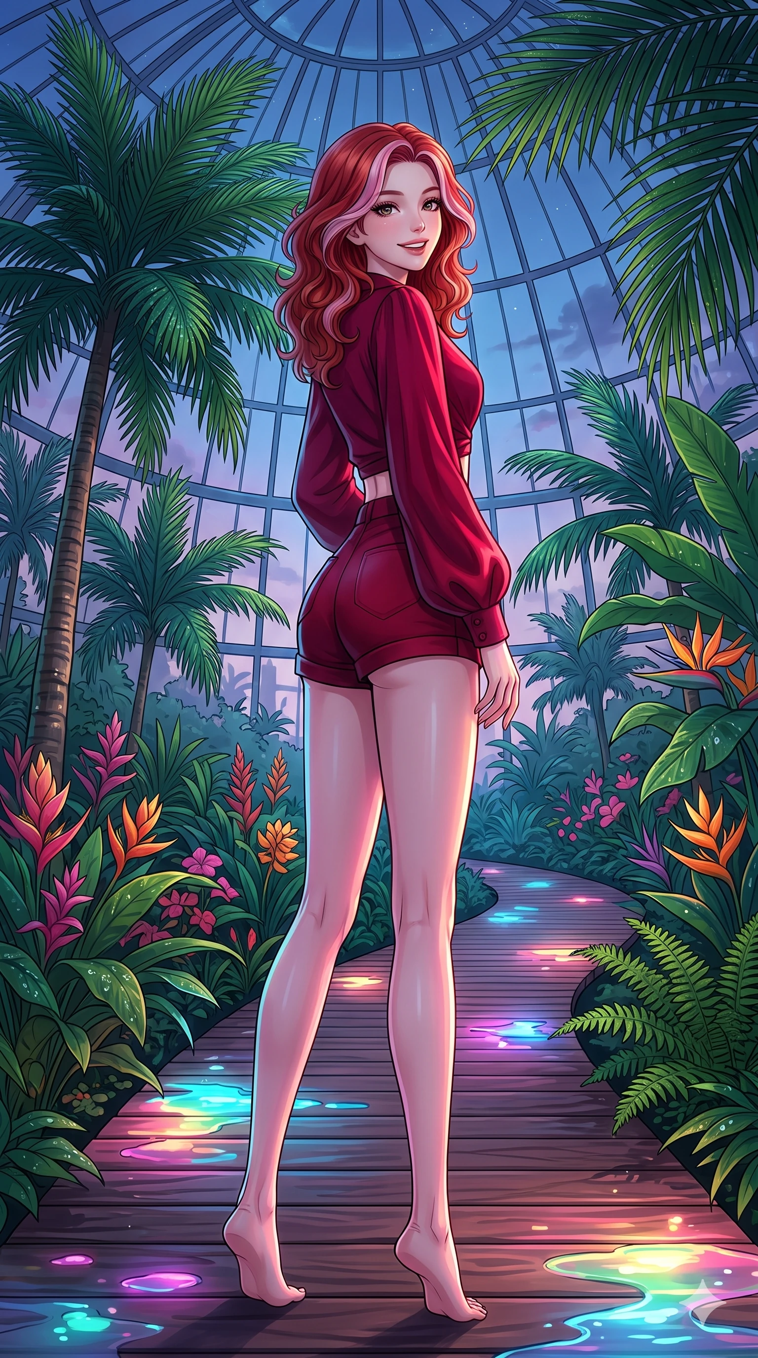 score_9, masterpiece, best quality, ultra-detailed, high-budget anime keyframe, vibrant anime aesthetic, Caucasian woman, strictly human ears. low angle full-body shot from head to toe showing her feet, filling the entire 9:16 vertical frame with her statuesque presence, stretching her vertical silhouette. She is looking over her shoulder, smiling cheerfully at the viewer, with a bright, joyful gaze under the glass conservatory dome. on a wooden boardwalk winding through a botanical garden greenhouse filled with exotic palms, under a glass dome (Code-P22-043). She has an absolutely perfect 8-heads proportion, an exceptionally tall and slender female figure with impossibly long slender legs and an ultra-slim waist. V-shaped jawline, high-bridge nose, intricate jewel-like eyes with depth, thick eyelashes, glossy lips with a natural sheen. wearing a cropped wrap shirt and high-waisted shorts in deep crimson. She is lit by bright neon light reflections in water puddles, creating a glowing twilight aura, casting soft shadows that enhance her features in the cozy indoor garden. 2k, ultra detail, master piece, 9:16 ratio