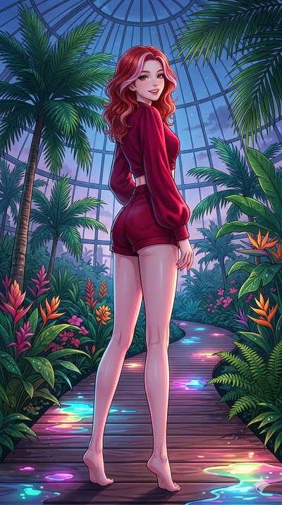 score_9, masterpiece, best quality, ultra-detailed, high-budget anime keyframe, vibrant anime aesthetic, Caucasian woman, strictly human ears. low angle full-body shot from head to toe showing her feet, filling the entire 9:16 vertical frame with her