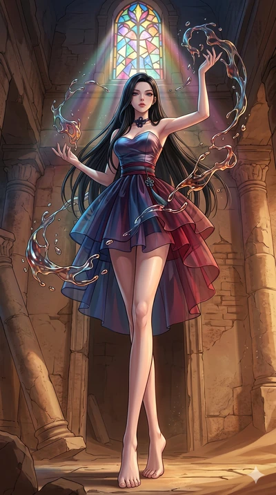 score_9, masterpiece, best quality, ultra-detailed, high-budget anime keyframe, Caucasian woman, strictly human ears. low angle full-body shot filling the entire 9:16 frame with her statuesque presence, stretching the vertical silhouette. interacting