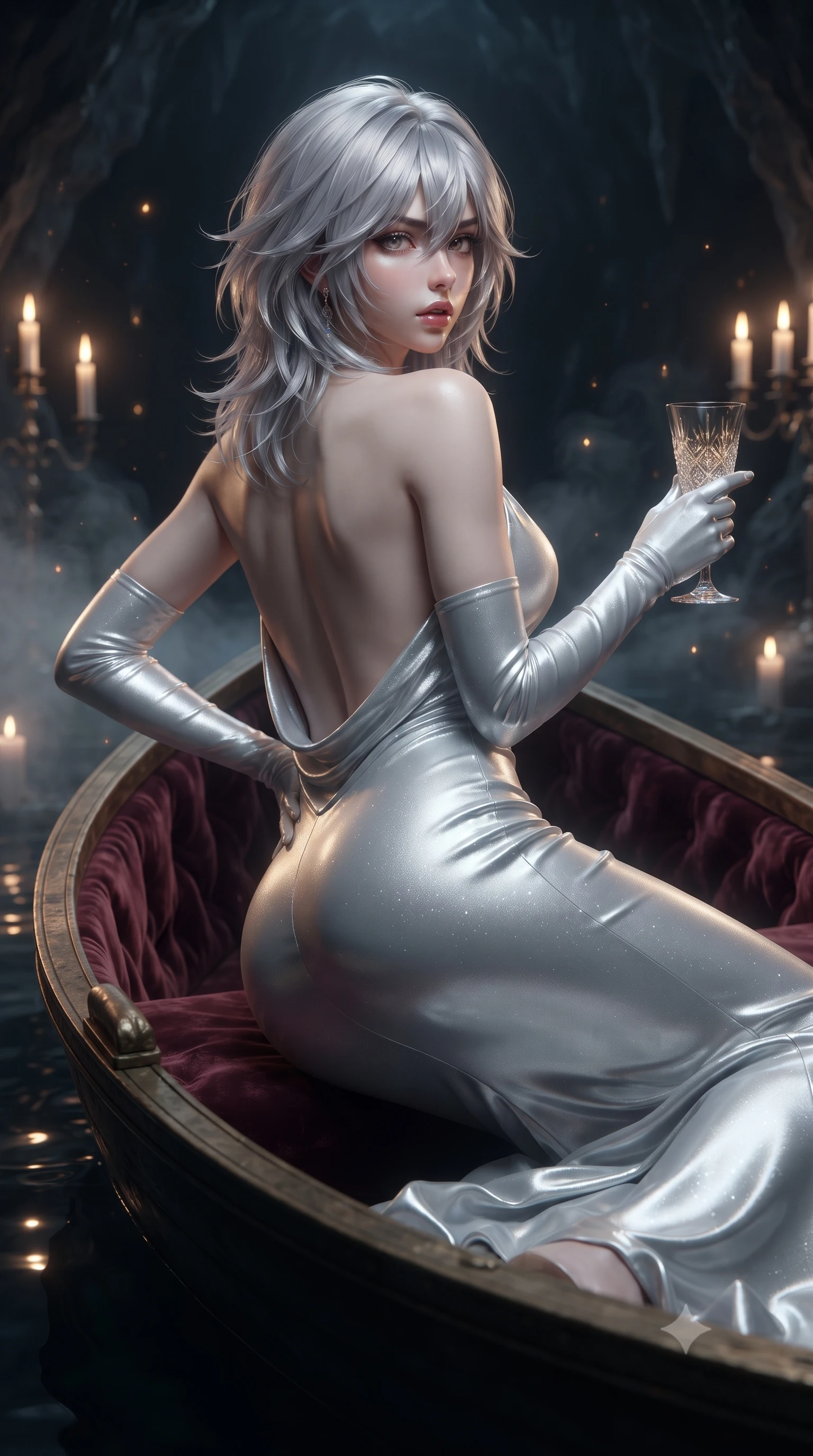 score_9, masterpiece, best quality, ultra-detailed, high-budget anime keyframe, editorial fashion photography, tasteful artistic composition, Japanese woman. close-up cowboy shot from the waist and thighs up, the character dominates the composition, filling the frame with her large presence. posing in an alluring rear three-quarter angle, arching her lower back in a pronounced S-curve with one hand on her hip, glancing seductively over her bare shoulder with parted glossy lips while reclining languidly on an antique velvet-lined skiff floating on the subterranean black lake, arching her spine with one knee bent as candlelight traces her curvy hips. The composition keeps background elements in soft focus with creamy bokeh. drifting cavern mist and candelabra wax smoke catching glowing amber light motes. She has an exceptionally elegant, slender, and willowy female figure with an ultra-slim waist, flat toned midriff, narrow ribcage, and sculpted feminine hips creating an alluring, slim hourglass silhouette without bulk. sharp v-shaped jawline, high-bridge nose, intricate jewel-like eyes with depth, thick eyelashes, glossy parted lips with a natural sheen, intensely captivating and seductive bedroom-eyes expression, flawlessly proportioned anatomical accuracy, strict slender model proportions, natural body alignment, perfectly sculpted long slender limbs, ultra-slim waistline, clean dynamic posture without body distortion. wearing a sculptured liquid-satin mermaid gown with an ultra-deep cowl back descending to the base of her spine in liquid starlight silver and arctic glacier white, crafted from luxurious metallic lamé that shifts radiance with every step, accessorized with opera-length satin gloves and a vintage crystal glass, the precision-cut side openings and low-back scoop framing her graceful spine and the sensual sweep of her slim, toned hips. surrounded by an immortal, seductive, and dangerously mesmerizing underground opera queen aura. ultra-reflective glossy finish, specular highlights, rich textural contrasts, high-contrast stereoscopic depth, volumetric dynamic lighting, 2k, ultra detail, master piece, 9:16 ratio
