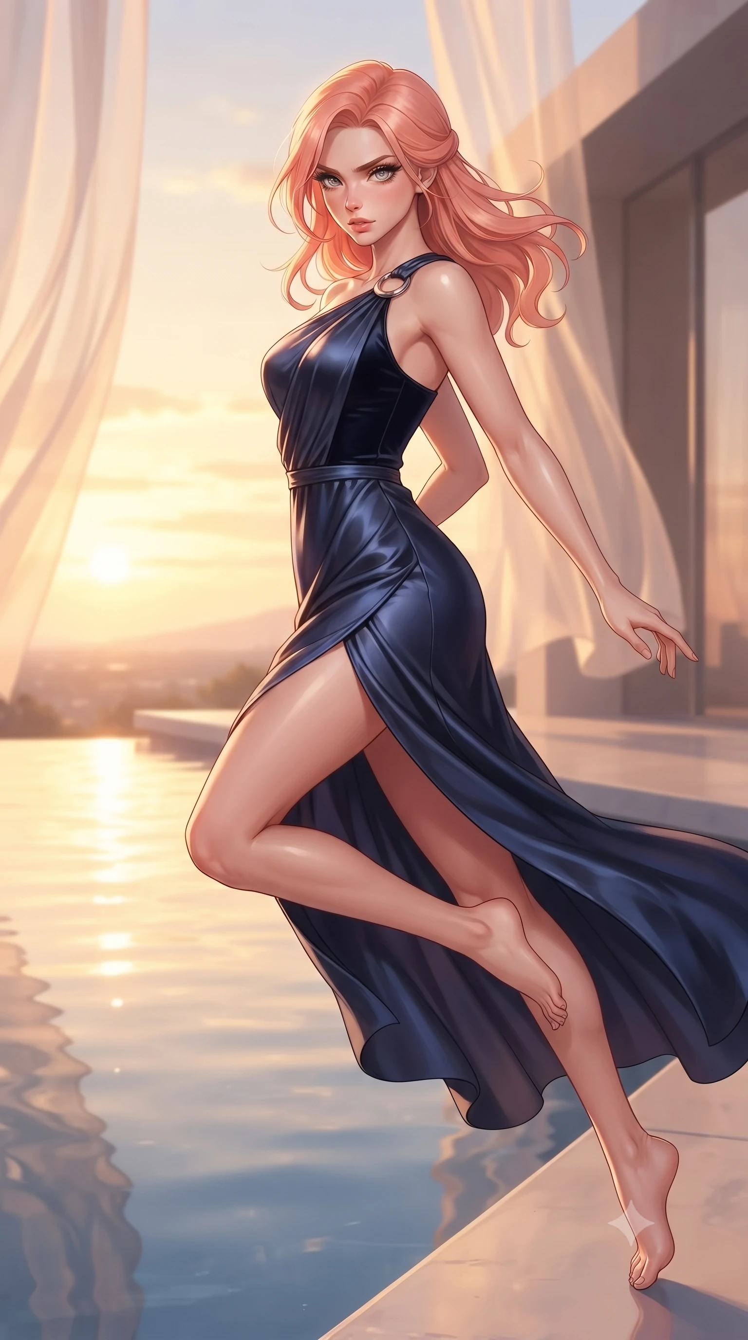 score_9, masterpiece, best quality, ultra-detailed, high-budget anime keyframe, editorial fashion photography, tasteful artistic composition, Japanese woman. close-up cowboy shot from the waist and thighs up, the character dominates the composition, filling the frame with her large presence, background elements kept in soft focus. Pivoting sharply while looking back over her shoulder with heavy lashes and a confident, intense gaze while leaping gracefully over an infinity reflecting pool mirroring a warm golden sunset sky, translucent silk curtains drifting lazily in a high-altitude sky breeze. She has an exceptionally elegant, slender, and willowy female figure with an ultra-slim waist, a gracefully sculpted slender torso, and a refined silhouette. sharp v-shaped jawline, high-bridge nose, intricate jewel-like eyes with depth, thick eyelashes, glossy lips with a natural sheen, flawlessly proportioned anatomical accuracy, natural body alignment, perfectly sculpted elegant limbs, clean dynamic posture without body distortion. wearing an asymmetrical Grecian draped chiffon gown with a metallic shoulder ring in midnight navy blue and chrome trim, made of premium stretch velvet with a rich sheen, finished with a sleek side slit ascending to mid-thigh, the sleek second-skin texture accentuating her magnetic presence. bathed in glorious golden hour sunbeams and warm rose-gold ambient light. ultra-reflective glossy finish, specular highlights, metallic sheen, high-contrast stereoscopic depth, volumetric dynamic lighting, 2k, ultra detail, master piece, 9:16 ratio