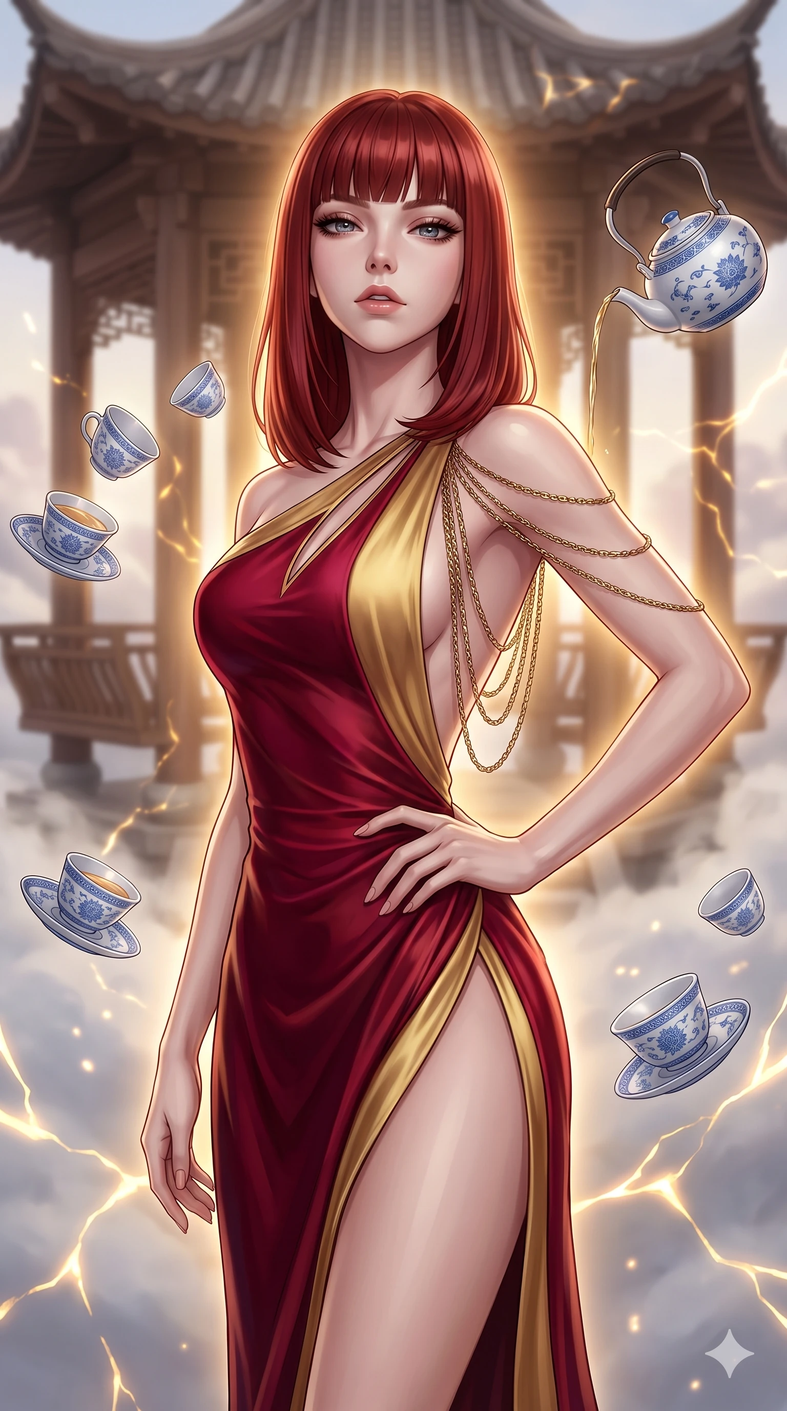 score_9, masterpiece, best quality, ultra-detailed, high-budget anime keyframe, editorial fashion photography, tasteful artistic composition, Caucasian woman, strictly human ears. close-up cowboy shot from the waist and thighs up, the character dominates the composition, filling the frame with her large presence, background elements kept in soft focus. Tilting her chin up slightly with lips parted in a composed expression. set against a soft-focus background of a traditional wooden tea pavilion hovering serenely on wisps of cloud with delicate blue-and-white porcelain teacups saucers and kettles orbiting gracefully in slow circles pouring themselves. She has an exceptionally elegant and slender, willowy female figure with an ultra-slim waist, a gracefully sculpted slender torso, and a refined slim physique. sharp v-shaped jawline, high-bridge nose, intricate jewel-like eyes with depth, thick eyelashes, glossy lips with a natural sheen. wearing a high-slit evening gown in deep crimson and gold silk, featuring an asymmetric one-shoulder design and a bare back with gold chains. glowing kintsugi gold light radiating from cracks in the environment creating a majestic inner glow. 2k, ultra detail, master piece, 9:16 ratio
