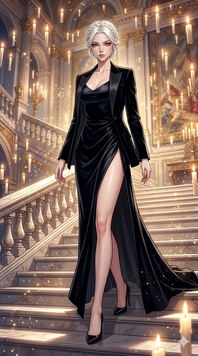 score_9, masterpiece, best quality, ultra-detailed, High-budget Anime Keyframe, beautiful Caucasian anime girl (strictly human ears). Dynamic full-body shot stretching the vertical silhouette with her statuesque presence. Descending a grand marble st