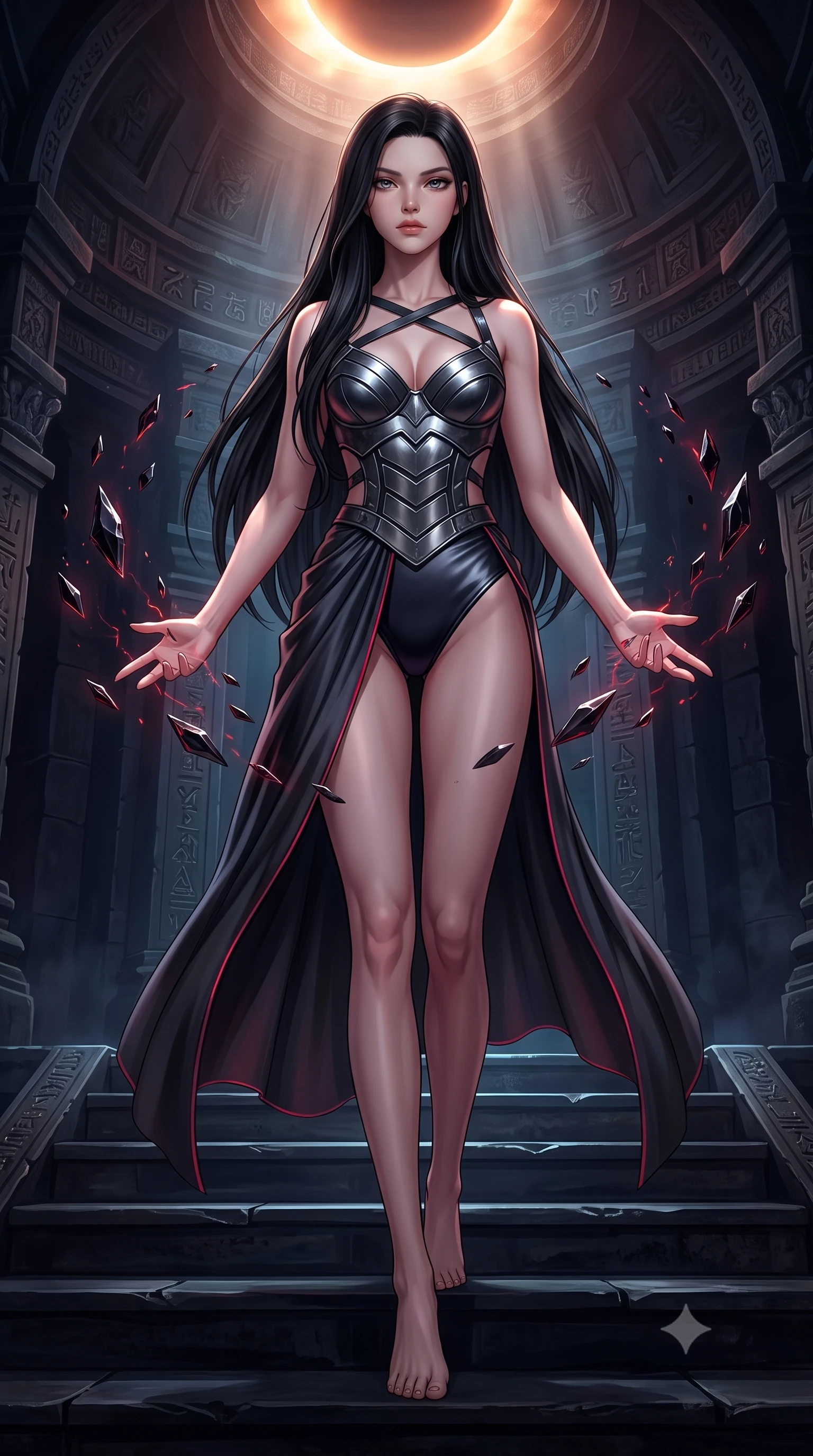 score_9, masterpiece, best quality, ultra-detailed, high-budget anime keyframe, semi-realistic 3D game render, editorial fashion photography, tasteful artistic composition, Korean woman. low angle full-body shot from head to toe showing her feet, filling the entire 9:16 vertical frame with her statuesque presence, stretching her vertical silhouette. striding forward in a proud, statuesque motion with a dangerous smolder, hips swaying with fierce allure, dominating the frame from head to toe while stepping down the altar steps as hovering obsidian crystal shards orbit her outstretched fingers in slow motion. The surrounding environment is rendered in vivid detail and crisp panoramic clarity. dramatic chiaroscuro contrast between glowing eclipse light and dark mystical architecture in precision. She has an absolutely perfect, statuesque 8.5-heads proportion, an exceptionally tall and slender model-like female figure with impossibly long slender legs, a toned flat midriff, and an ultra-slim waist. sharp v-shaped jawline, high-bridge nose, intricate jewel-like eyes with depth, thick eyelashes, glossy lips with a natural sheen, flawlessly proportioned anatomical accuracy, strict slender model proportions, natural body alignment, perfectly sculpted long slender limbs, ultra-slim waistline, clean dynamic posture without body distortion. wearing a sculpted dark metallic breastplate bodice paired with high-cut satin briefs and a fluid draped side skirt in shadowy asphalt black and subtle neon red edges, made of liquid metal jersey that clings flawlessly to every contour of her build, complemented by criss-cross back straps highlighting her completely bare spine, the precision-cut daring openings accentuating her delicate midriff, graceful bare collarbones, and ultra-slim feminine waistline. surrounded by an awe-inspiring, forbidden, and intensely provocative dark-goddess aura. rich saturated anime colors with deep moody shadows, detailed chiaroscuro shading with soft gradients, rich glossy textures, high-contrast stereoscopic depth, volumetric dynamic shadow lighting, master piece, 9:16 ratio