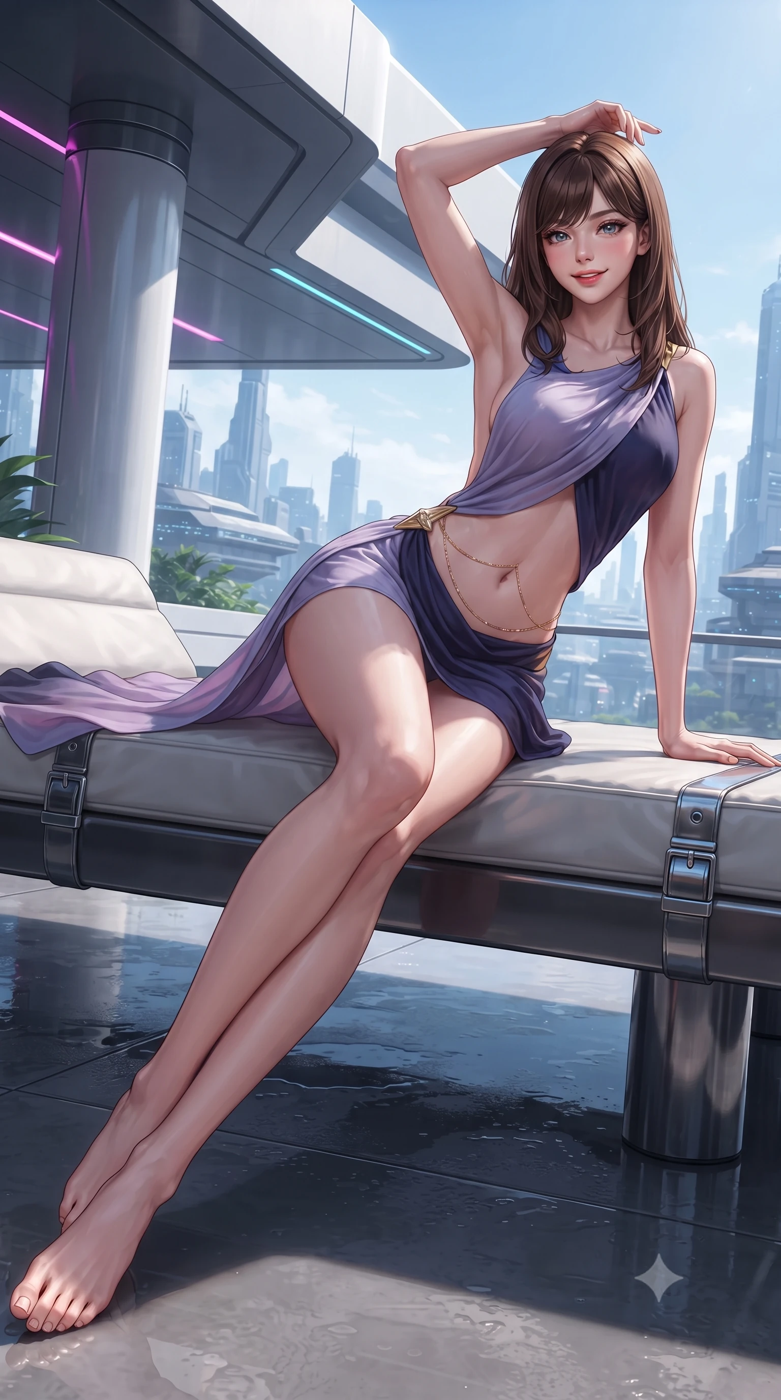 score_9, masterpiece, best quality, ultra-detailed, high-budget anime keyframe, editorial fashion photography, tasteful artistic composition, Korean woman. low angle full-body shot from head to toe showing her feet, filling the entire 9:16 vertical frame with her statuesque presence, stretching her vertical silhouette. standing tall beside the architectural column, one hand resting high while arching her lower back to emphasize her sculpted feminine hips and slender waist while lounging across an outdoor weather-resistant daybed propped on one elbow, her flat midriff and long slender legs commanding the futuristic vista. The surrounding environment is rendered in vivid detail and crisp panoramic clarity: detailed wet-look high-gloss vinyl bodysuit cling, chrome buckle shine, and futuristic architectural lines in razor-sharp precision. She has an absolutely perfect, statuesque 8.5-heads proportion, an exceptionally tall and slender model-like female figure with impossibly long slender legs, an ultra-slim waist, a flat toned midriff, narrow delicate ribcage, and beautifully sculpted feminine hips creating a graceful, slim hourglass silhouette without any bulky heaviness. sharp v-shaped jawline, high-bridge nose, sparkling eyes with hypnotic seductive depth, thick curled eyelashes, glossy parted lips with a natural dewy peach sheen, alluring bedroom-eyes with an enchanting coquettish smile, exuding magnetic siren charisma and sophisticated glamour, flawlessly proportioned anatomical accuracy, strict slender model proportions, natural body alignment, perfectly sculpted long slender limbs, ultra-slim waistline, clean dynamic posture without body distortion. wearing a draped Greek-goddess style silk chiffon mini toga dress with an open back and golden hip fibula in twilight lavender and midnight indigo, made of semi-opaque stretch illusion mesh with soft shadowy contours, accented with a dainty gold belly chain resting across her flat midriff and curving hips, the glove-like clinging cut tightly following the natural contour of her hips and long slender legs with youthful 8.5-heads elegance. illuminated by wet floor specular reflections and sharp magenta-cyan rim lights sculpting her razor-sharp jawline, narrow waist, and curvy hips. ultra-reflective glossy finish, specular highlights, rich textural contrasts, high-contrast stereoscopic depth, volumetric dynamic lighting, 2k, ultra detail, master piece, 9:16 ratio