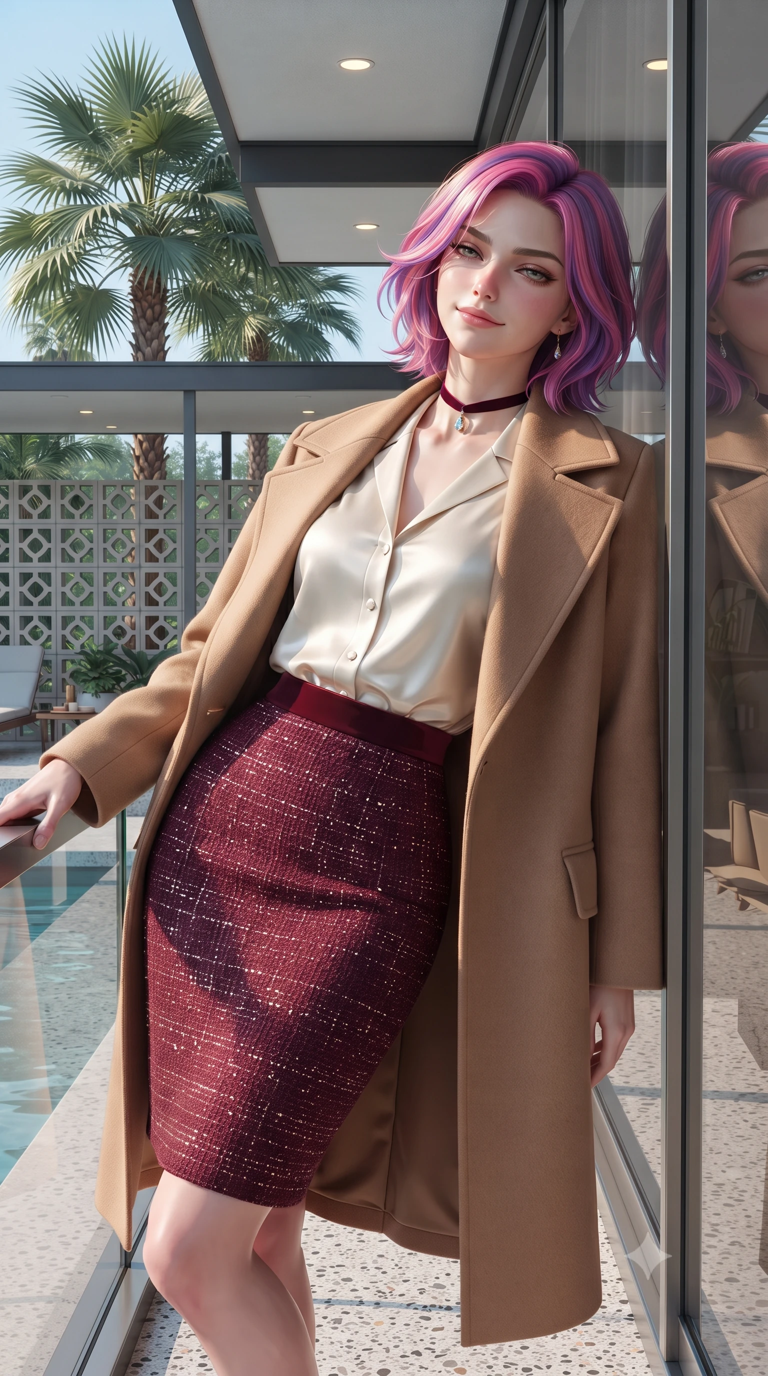 score_9, masterpiece, best quality, ultra-detailed, high-budget anime keyframe, editorial fashion photography, tasteful artistic composition, Caucasian woman. close-up cowboy shot from the waist and thighs up, the character dominates the composition, filling the frame with her large presence. leaning back against the balustrade with relaxed seductive grace, head tilted back slightly while casting a hypnotic, heavy-lidded gaze while leaning against the floor-to-ceiling glass wall with hips cocked back, looking through towering fan palms with heavy-lidded bedroom-eyes. The surrounding environment is rendered in vivid detail and crisp panoramic clarity: sharp post-and-beam steel rooflines, decorative concrete breeze-block geometric relief, and terrazzo floor aggregate chips in deep focus. She has an exceptionally elegant, slender, and willowy female figure with an ultra-slim waist, flat toned midriff, narrow ribcage, and sculpted feminine hips creating an alluring, slim hourglass silhouette without bulk. sharp v-shaped jawline, high-bridge nose, intricate jewel-like sparkling eyes with depth, thick eyelashes, glossy parted lips with a natural peach sheen, bright cheerful beaming smile with an enchanting and coquettish sensual glint, exuding both youthful cute charm and seductive allure, flawlessly proportioned anatomical accuracy, strict slender model proportions, natural body alignment, perfectly sculpted long slender limbs, ultra-slim waistline, clean dynamic posture without body distortion. wearing a structured double-faced camel hair wrap coat draped over a tailored silk blouse and pencil skirt in Belvedere ivory pearl and Habsburg bordeaux wine, woven from structured British tweed with subtle metallic flecks, finished with a thin velvet ribbon choker and a single teardrop diamond pendant, the bespoke structured tailoring following the natural line of her 8.5-heads silhouette with refined elegance. illuminated by pool surface specular bounce and sharp gold-and-cyan dual rim lights sculpting her jawline, narrow waist, and curvy hips. ultra-reflective glossy finish, specular highlights, rich textural contrasts, high-contrast stereoscopic depth, volumetric dynamic lighting, 2k, ultra detail, master piece, 9:16 ratio