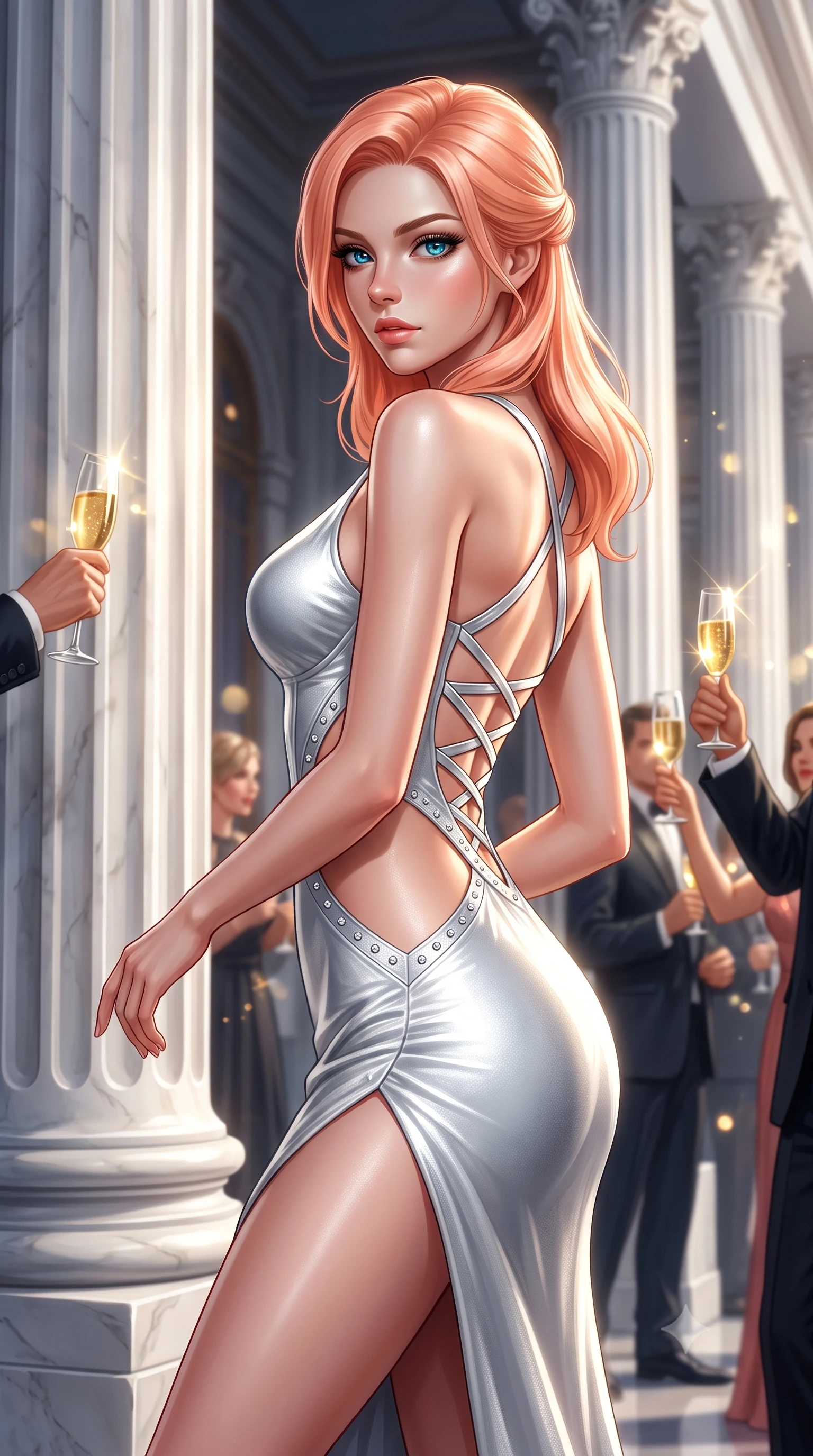 score_9, masterpiece, best quality, ultra-detailed, high-budget anime keyframe, semi-realistic 3D game render, editorial fashion photography, tasteful artistic composition, Japanese woman. close-up cowboy shot from the waist and thighs up, the character dominates the composition, filling the frame with her large presence. radiating intense magnetic charisma with jewel-like eyes locked onto the viewer, her upper body turning in a dynamic, fluid S-curve while pivoting dynamically beside colossal marble columns as golden champagne toasts catch dazzling light highlights. The surrounding environment is rendered in vivid detail and crisp panoramic clarity. rich high-contrast gala chiaroscuro and monumental imperial palace grandeur captured with environmental sharpness. She has an exceptionally elegant, slender, and willowy female figure with an ultra-slim waist, a gracefully sculpted slender torso, toned flat midriff, and a refined slim silhouette. sharp v-shaped jawline, high-bridge nose, intricate jewel-like eyes with depth, thick eyelashes, glossy lips with a natural sheen, captivating and magnetic expression, flawlessly proportioned anatomical accuracy, strict slender model proportions, natural body alignment, perfectly sculpted long slender limbs, ultra-slim waistline, clean dynamic posture without body distortion. wearing a sculpted metallic lamé evening dress with delicate side-waist diamond cutouts in pristine arctic white and metallic silver, tailored from fluid silk crepe with delicate inner corsetry boning, featuring a criss-cross satin back lacing highlighting her graceful shoulder blades, the precision-cut daring openings accentuating her delicate midriff, graceful bare collarbones, and ultra-slim feminine waistline. illuminated by crisp specular highlights tracing her sculpted flat midriff, collarbones, and long legs. highly saturated vibrant anime colors, detailed shading with soft gradients, rich glossy textures, high-contrast stereoscopic depth, volumetric dynamic lighting, master piece, 9:16 ratio