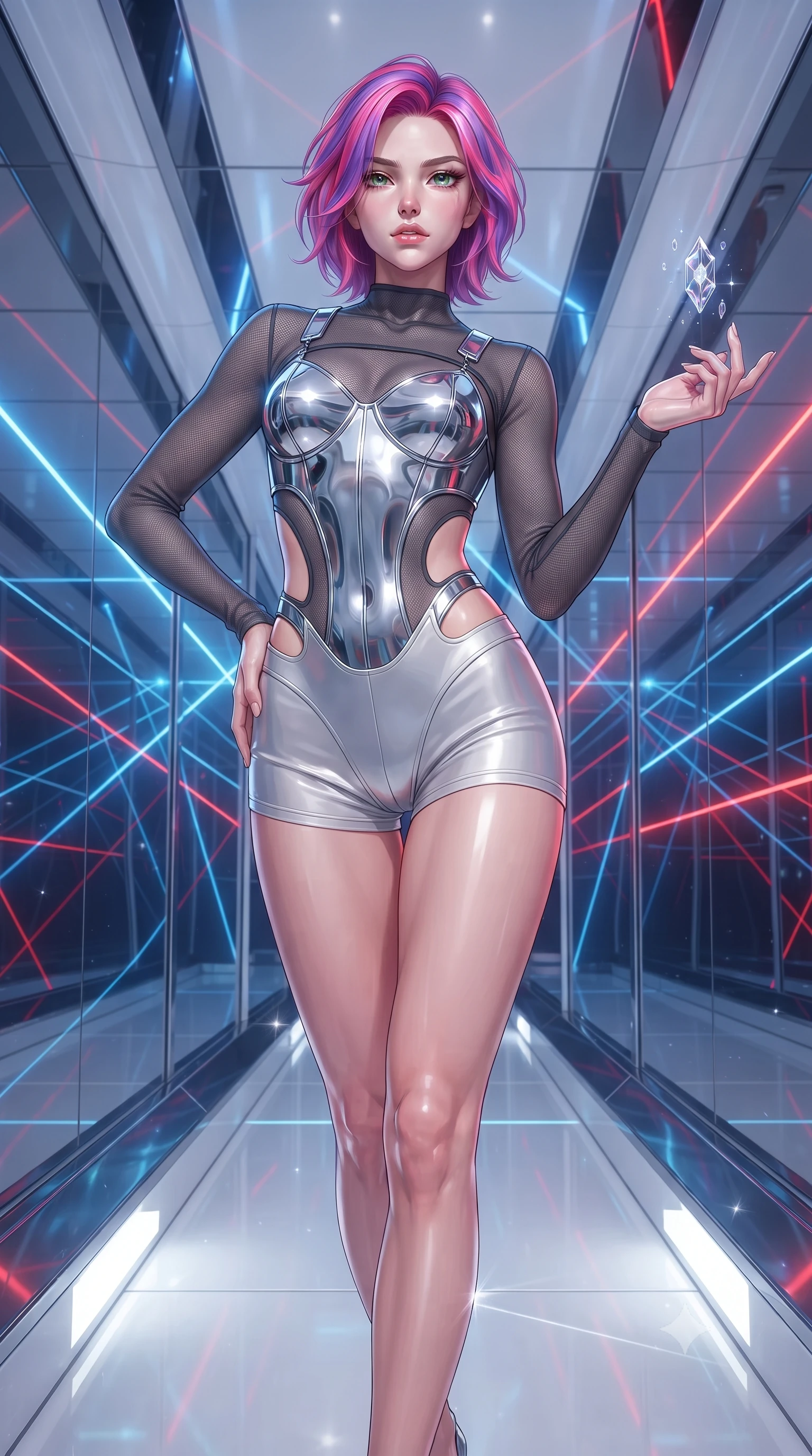score_9, masterpiece, best quality, ultra-detailed, high-budget anime keyframe, editorial fashion photography, tasteful artistic composition, Caucasian woman. low angle full-body shot from head to toe showing her feet, filling the entire 9:16 vertical frame with her statuesque presence, stretching her vertical silhouette. interacting gracefully with the magical floating elements while maintaining a confident posture navigating a corridor of shifting laser light grids and mirror walls, sleek reflective white and chrome surfaces emphasizing ultra-clean lines. She has an absolutely perfect, statuesque 8.5-heads proportion, an exceptionally tall and slender model-like female figure with impossibly long slender legs and an ultra-slim waist. sharp v-shaped jawline, high-bridge nose, intricate jewel-like eyes with depth, thick eyelashes, glossy lips with a natural sheen. wearing a chrome-plated structured bodice worn over a sheer mesh top and micro-shorts in charcoal grey and platinum, formed from sleek second-skin neoprene, featuring clean architectural cutouts along her slender torso, the form-contouring material highlighting her ultra-slim waist and long lines. lit by bright volumetric laser beams and soft specular highlights. ultra-reflective glossy finish, specular highlights, metallic sheen, high-contrast stereoscopic depth, volumetric dynamic lighting, 2k, ultra detail, master piece, 9:16 ratio