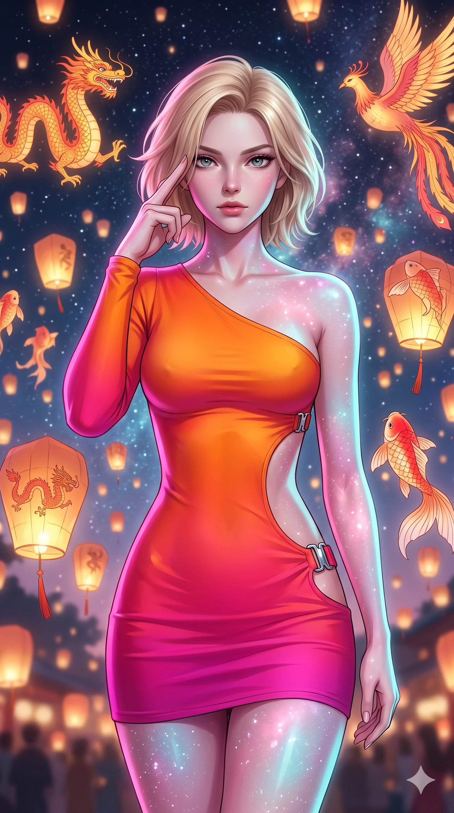score_9, masterpiece, best quality, ultra-detailed, high-budget anime keyframe, editorial fashion photography, tasteful artistic composition, Caucasian woman, strictly human ears. close-up cowboy shot from the waist and thighs up, the character dominates the composition, filling the frame with her large presence, background elements kept in soft focus. Pressing two fingers to her temple in a composed thoughtful gesture. set against a soft-focus background of a moonlit festival where thousands of illuminated paper lanterns shaped like mythical creatures dragons phoenixes and koi fish float upward into a star-filled sky trailing warm light. She has an exceptionally elegant and slender, willowy female figure with an ultra-slim waist, a gracefully sculpted slender torso, and a refined slim physique. sharp v-shaped jawline, high-bridge nose, intricate jewel-like eyes with depth, thick eyelashes, glossy lips with a natural sheen. wearing an asymmetric one-sleeve mini dress in a bright orange and fuchsia gradient, with a dramatic side cutout and chrome buckle detailing. starlight and nebula glow casting soft cosmic pink and cyan highlights on her form. 2k, ultra detail, master piece, 9:16 ratio