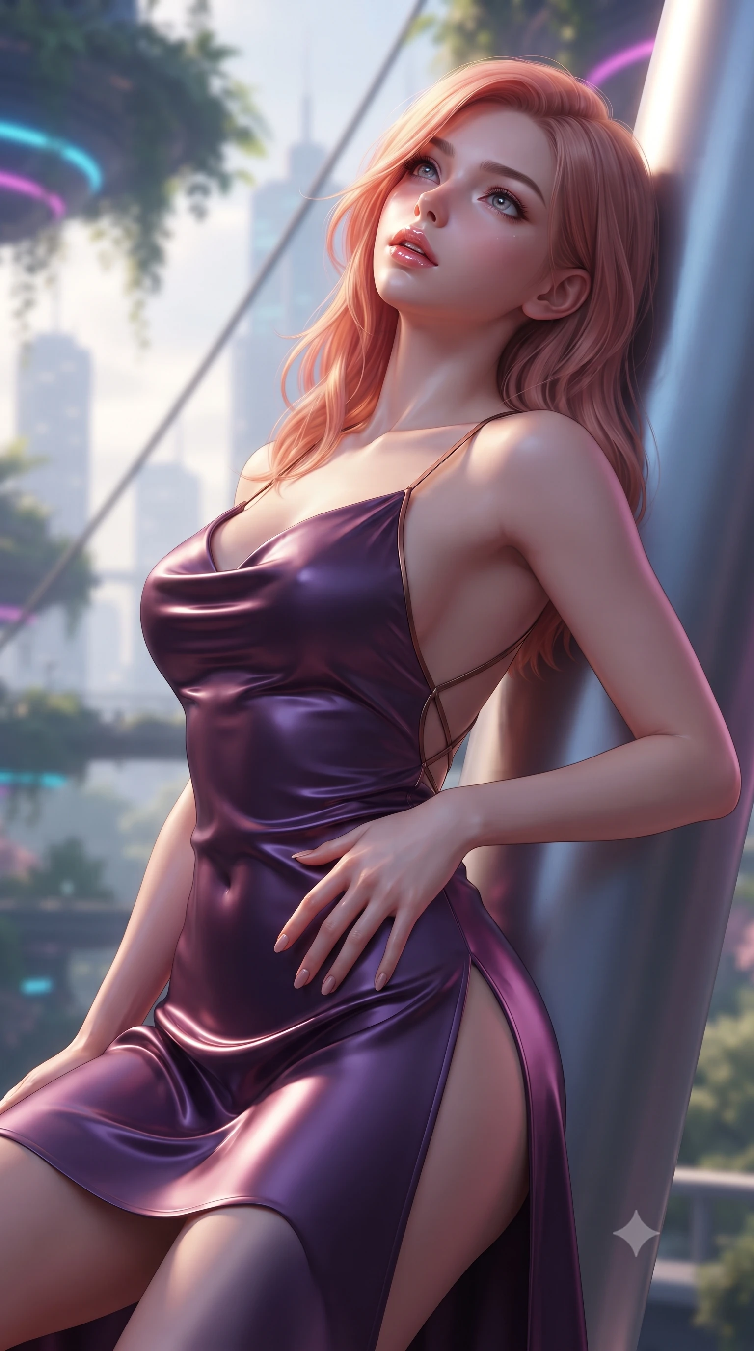 score_9, masterpiece, best quality, ultra-detailed, high-budget anime keyframe, editorial fashion photography, tasteful artistic composition, Japanese woman. close-up cowboy shot from the waist and thighs up, the character dominates the composition, filling the frame with her large presence. resting one manicured hand delicately on her hip bone, her upper body turning in a fluid, seductive S-curve while parted lips glisten in the light while reclining against the smooth titanium skyway pylon, head tilted back in awe as color-shifting LED canopies cast vivid hues over her silhouette. The composition keeps background elements in soft focus with creamy bokeh. floating botanical canopy foliage and suspension cable lines softened in cinematic shallow depth of field. She has an exceptionally elegant, slender, and willowy female figure with an ultra-slim waist, flat toned midriff, narrow ribcage, and sculpted feminine hips creating an alluring, slim hourglass silhouette without bulk. sharp v-shaped jawline, high-bridge nose, intricate jewel-like eyes with depth, thick eyelashes, glossy parted lips with a natural sheen, intensely captivating and seductive bedroom-eyes expression, flawlessly proportioned anatomical accuracy, strict slender model proportions, natural body alignment, perfectly sculpted long slender limbs, ultra-slim waistline, clean dynamic posture without body distortion. wearing a backless cowl-neck satin slip dress featuring high-cut side hip slits and delicate criss-cross back straps in deep plum violet and antique bronze, tailored from liquid silk jersey adhering flawlessly to her slender build, finished with criss-cross back satin straps highlighting her graceful shoulder blades, the liquid-tight tailored fabric clinging flawlessly to her narrow waist and rounded feminine hips, emphasizing every millimeter of her sculpted slim hourglass curves without any bulky heaviness. surrounded by a visionary, electrifying, and breathlessly magnificent eco-metropolis queen aura. ultra-reflective glossy finish, specular highlights, rich textural contrasts, high-contrast stereoscopic depth, volumetric dynamic lighting, 2k, ultra detail, master piece, 9:16 ratio