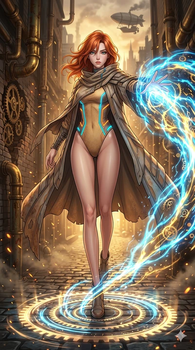 score_9, masterpiece, best quality, ultra-detailed, Set A: High-budget Anime Keyframe, Japanese woman. Low angle cowboy shot filling the entire 9:16 frame with her statuesque presence. Theme: Urban Decay. unleashing a massive energy wave in a steampu