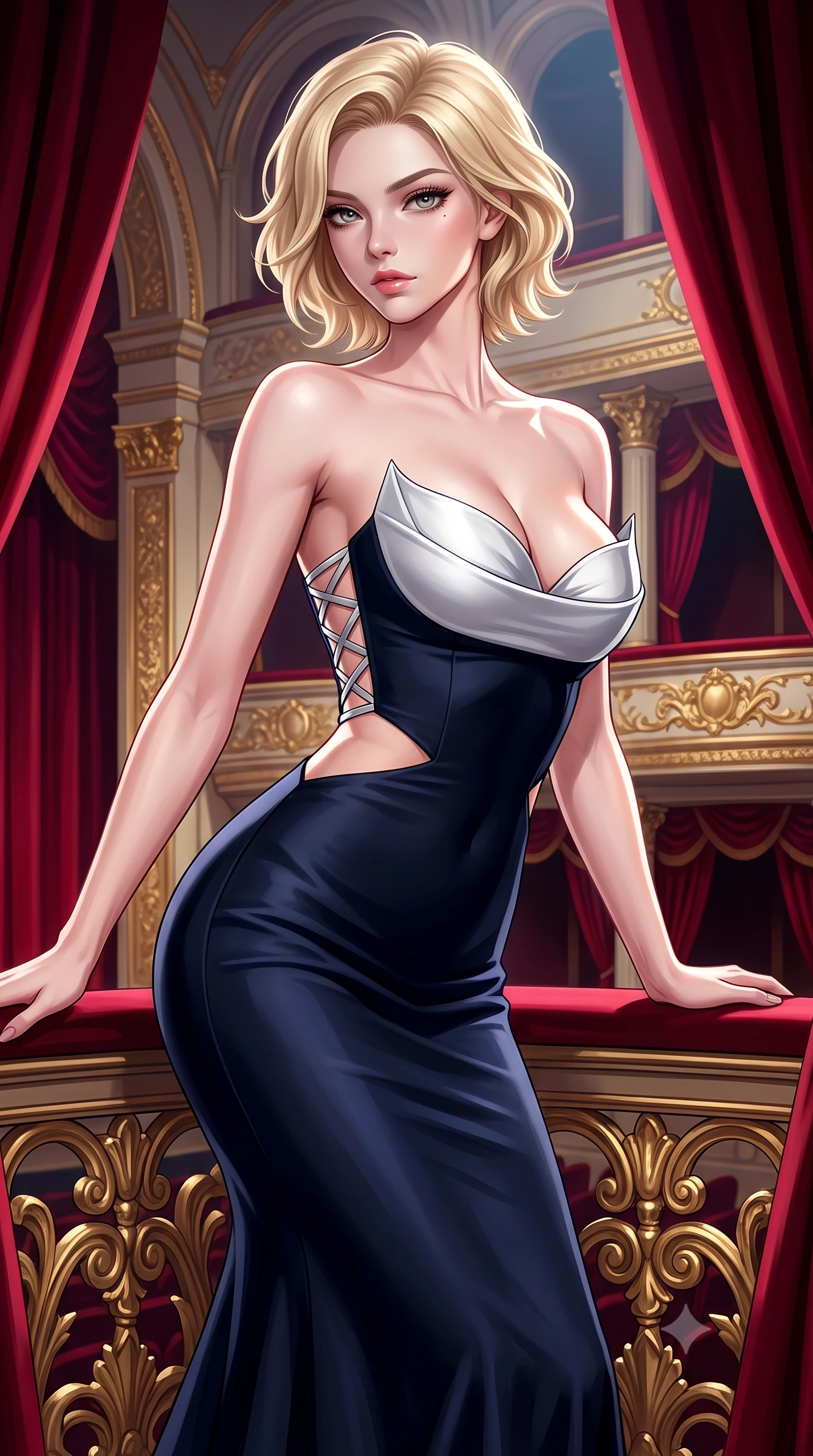 score_9, masterpiece, best quality, ultra-detailed, high-budget anime keyframe, semi-realistic 3D game render, editorial fashion photography, tasteful artistic composition, Caucasian woman. close-up cowboy shot from the waist and thighs up, the character dominates the composition, filling the frame with her large presence. leaning forward with playful, captivating grace, her sculpted collarbones and slender neckline highlighted by directional light while pivoting gracefully against ornate gold-leaf balustrades as plush crimson velvet curtains frame her statuesque silhouette. The surrounding environment is rendered in vivid detail and crisp panoramic clarity. high-contrast royal chiaroscuro and breathtaking neoclassical theater architecture rendered in precision. She has an exceptionally elegant, slender, and willowy female figure with an ultra-slim waist, a gracefully sculpted slender torso, toned flat midriff, and a refined slim silhouette. sharp v-shaped jawline, high-bridge nose, intricate jewel-like eyes with depth, thick eyelashes, glossy lips with a natural sheen, captivating and magnetic expression, flawlessly proportioned anatomical accuracy, strict slender model proportions, natural body alignment, perfectly sculpted long slender limbs, ultra-slim waistline, clean dynamic posture without body distortion. wearing a midnight silk crepe mermaid gown featuring an architectural strapless neckline in pristine arctic white and metallic silver, tailored from fluid silk crepe with delicate inner corsetry boning, featuring a criss-cross satin back lacing highlighting her graceful shoulder blades, the precision-cut daring openings accentuating her delicate midriff, graceful bare collarbones, and ultra-slim feminine waistline. illuminated by crisp directional key light defining her razor-sharp jawline and ultra-slim waist. highly saturated vibrant anime colors, detailed shading with soft gradients, rich glossy textures, high-contrast stereoscopic depth, volumetric dynamic lighting, master piece, 9:16 ratio