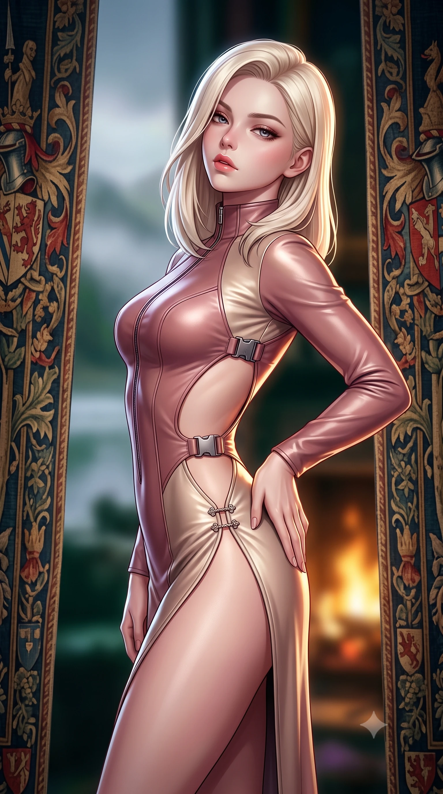 score_9, masterpiece, best quality, ultra-detailed, high-budget anime keyframe, semi-realistic 3D game render, editorial fashion photography, tasteful artistic composition, Caucasian woman. close-up cowboy shot from the waist and thighs up, the character dominates the composition, filling the frame with her large presence. arching her spine backward with effortless dancer poise, one hand sliding along her hip line as directional light carves specular highlights along her silhouette while standing poised between towering medieval armorial tapestries, twisting her slender torso in a deep contrapposto stance with smoldering bedroom-eyes. The composition keeps background elements in soft focus with creamy bokeh. mist-shrouded Scottish loch waters and roaring fireplace embers blurred into deep emerald, whiskey-gold, and heather-violet bokeh. She has an exceptionally elegant, slender, and willowy female figure with an ultra-slim waist, flat toned midriff, narrow ribcage, and sculpted feminine hips creating an alluring, slim hourglass silhouette without bulk. sharp v-shaped jawline, high-bridge nose, intricate jewel-like eyes with depth, thick eyelashes, glossy parted lips with a natural sheen, intensely captivating and seductive bedroom-eyes expression, flawlessly proportioned anatomical accuracy, strict slender model proportions, natural body alignment, perfectly sculpted long slender limbs, ultra-slim waistline, clean dynamic posture without body distortion. wearing a high-collar speedsuit featuring bold side-torso cutouts and quick-release titanium buckles in dusky blush rose and shimmering champagne shimmer, formed from supple second-skin lambskin leather with specular sheen, finished with an ultra-high side slit secured by miniature jeweled clasps, the precision-cut side openings and low-back scoop framing her graceful spine and the sensual sweep of her slim, toned hips. illuminated by crisp directional rim lighting sharply carving her razor-sharp jawline, narrow waist, and curvy hips. highly saturated vibrant anime colors, detailed shading with soft gradients, rich glossy textures, high-contrast stereoscopic depth, volumetric dynamic lighting, master piece, 9:16 ratio