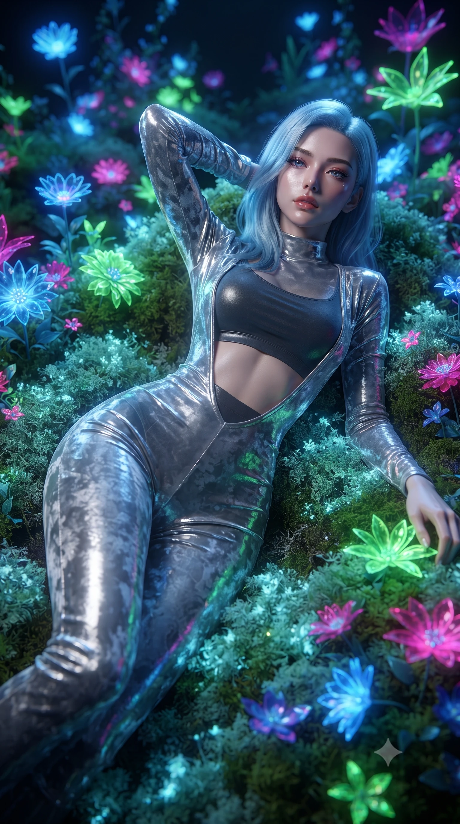 score_9, masterpiece, best quality, ultra-detailed, High-budget Anime Keyframe, editorial fashion photography, tasteful artistic composition, realistic cosplay photography, East Asian woman. Low angle cowboy shot filling the entire 9:16 frame with her statuesque presence. Scenario 466: lying gracefully on a bed of bioluminescent moss inside a virtual garden where neon flowers bloom in the dark. Her presence is magnetic and overpowering in this high-budget cinematic scene. Outfit 466: a body-hugging liquid silver crushed velvet catsuit worn over an opaque crop top and high-waisted shorts. The clothing is designed to emphasize her exceptionally tall and slender 8-heads proportion. 8-heads proportion, towering silhouette, ultra-slim waist. sharp v-shaped jawline, intricate jewel-like eyes with depth, thick eyelashes, glossy lips. ultra-reflective glossy finish, specular highlights, metallic sheen, high-contrast stereoscopic depth, volumetric dynamic lighting, 2k, ultra detail, master piece, 9:16 ratio