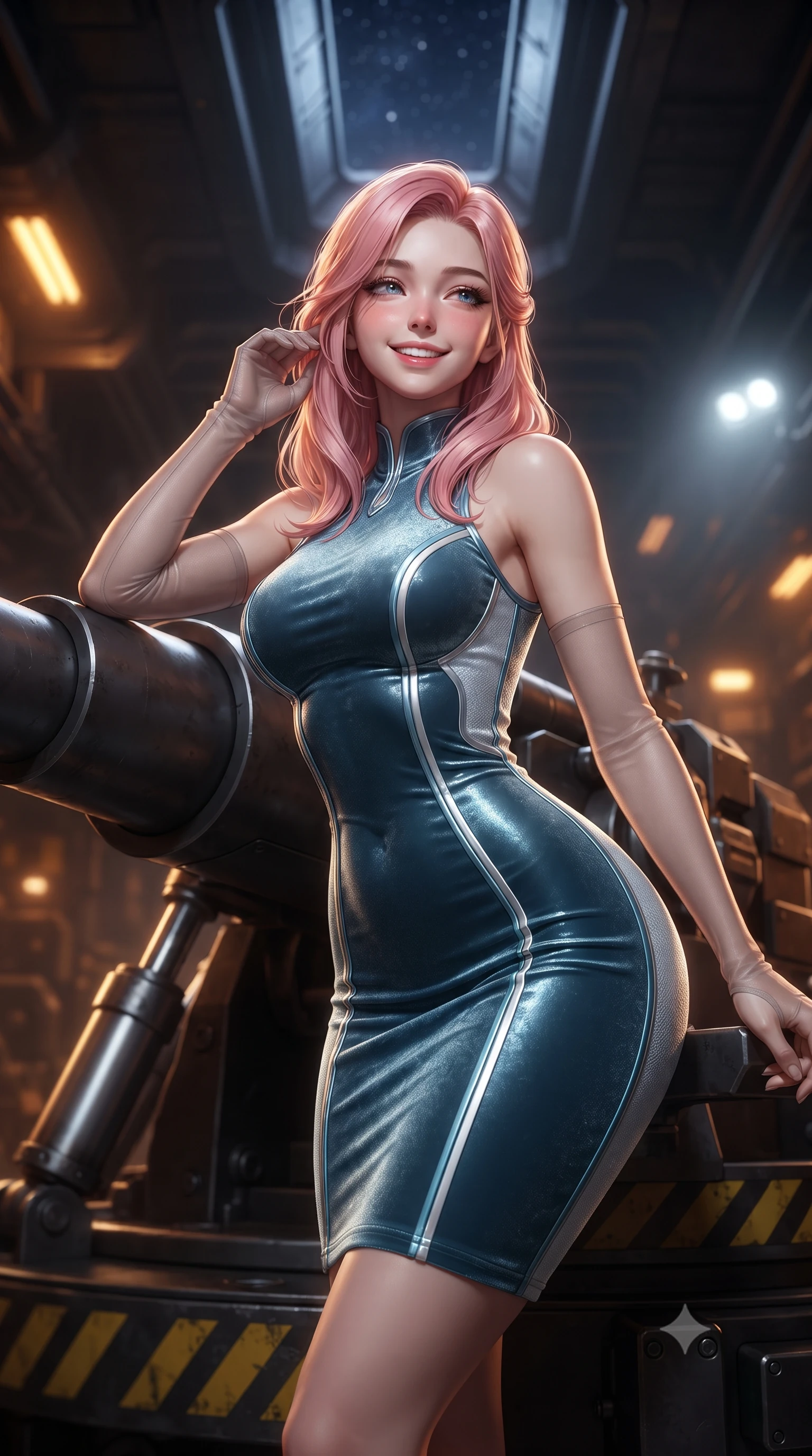 score_9, masterpiece, best quality, ultra-detailed, high-budget anime keyframe, editorial fashion photography, tasteful artistic composition, Japanese woman. close-up cowboy shot from the waist and thighs up, the character dominates the composition, filling the frame with her large presence. gently brushing a lock of hair behind her ear while casting a playful, flirtatious side-gaze with long eyelashes while leaning against the armored cannon breech with hips cocked back, gazing up the vertical shaft toward the distant starry night hatch with heavy-lidded bedroom-eyes. The background shows a soft-focus massive gunmetal cannon breech, shimmering hydraulic recoil cylinders, and yellow hazard striping blurred into amber, charcoal, and platinum bokeh. She has an exceptionally elegant, slender, and willowy female figure with an ultra-slim waist, flat toned midriff, narrow ribcage, and sculpted feminine hips creating an alluring, slim hourglass silhouette without bulk. sharp v-shaped jawline, high-bridge nose, intricate jewel-like sparkling eyes with depth, thick eyelashes, glossy parted lips with a natural peach sheen, bright cheerful beaming smile with an enchanting and coquettish sensual glint, exuding both youthful cute charm and seductive allure, flawlessly proportioned anatomical accuracy, strict slender model proportions, natural body alignment, perfectly sculpted long slender limbs, ultra-slim waistline, clean dynamic posture without body distortion. wearing a tailored liquid velvet combat sheath dress with subtle metallic piping following her feminine curves without bulk in arctic cryo-glacier ice blue and platinum white, tailored from high-density tech-wool with subtle metallic thread weave, complemented by sheer opera-length evening gloves tracing her slender arms, the liquid-tight tailored fabric clinging flawlessly to her narrow waist and rounded feminine hips, emphasizing every millimeter of her sculpted slim hourglass curves without any bulky heaviness. bathed in high-contrast industrial amber hazard lighting combined with cool white work floodlights. ultra-reflective glossy finish, specular highlights, rich textural contrasts, high-contrast stereoscopic depth, volumetric dynamic lighting, 2k, ultra detail, master piece, 9:16 ratio