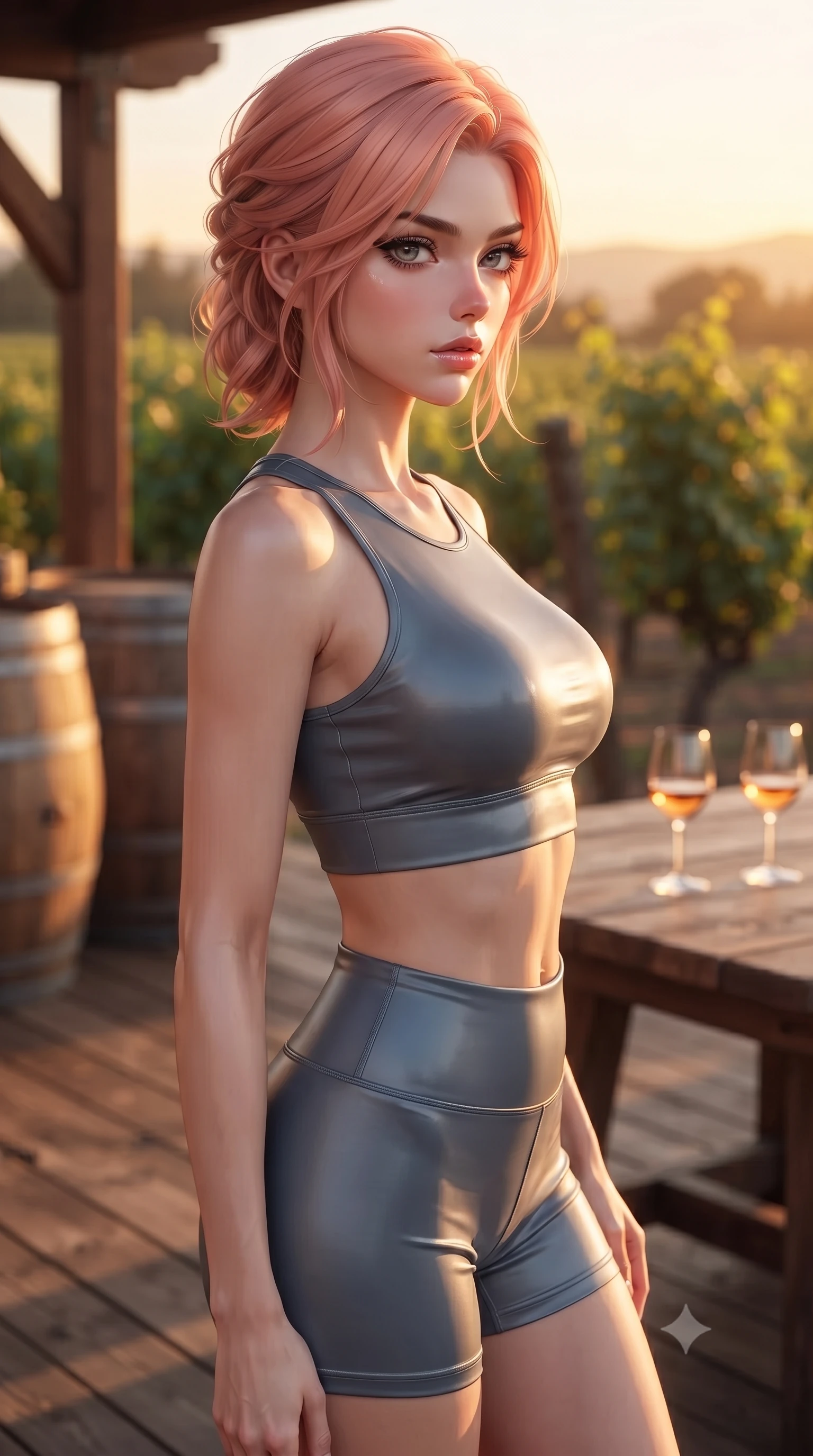 score_9, masterpiece, best quality, ultra-detailed, high-budget anime keyframe, editorial fashion photography, tasteful artistic composition, Japanese woman woman. close-up cowboy shot from the waist and thighs up, the character dominates the composition, filling the frame with her large presence, background elements kept in soft focus. turning her face in sharp profile, casting a cold, mysterious, yet intensely alluring side gaze, the background shows a soft-focus a wooden terrace of a vineyard winery, with wooden barrels and grapevines in soft focus. She has an exceptionally elegant, slender, and willowy female figure with an ultra-slim waist, a gracefully sculpted slender torso, and a refined silhouette. sharp v-shaped jawline, high-bridge nose, intricate jewel-like eyes with depth, thick eyelashes, glossy lips with a natural sheen. wearing a form-contouring body-hugging athletic crop top and high-waisted shorts set in slate grey. warm golden hour light tracing the grapevines and wine glasses in a golden rim light. ultra-reflective glossy finish, specular highlights, metallic sheen, high-contrast stereoscopic depth, volumetric dynamic lighting, 2k, ultra detail, master piece, 9:16 ratio