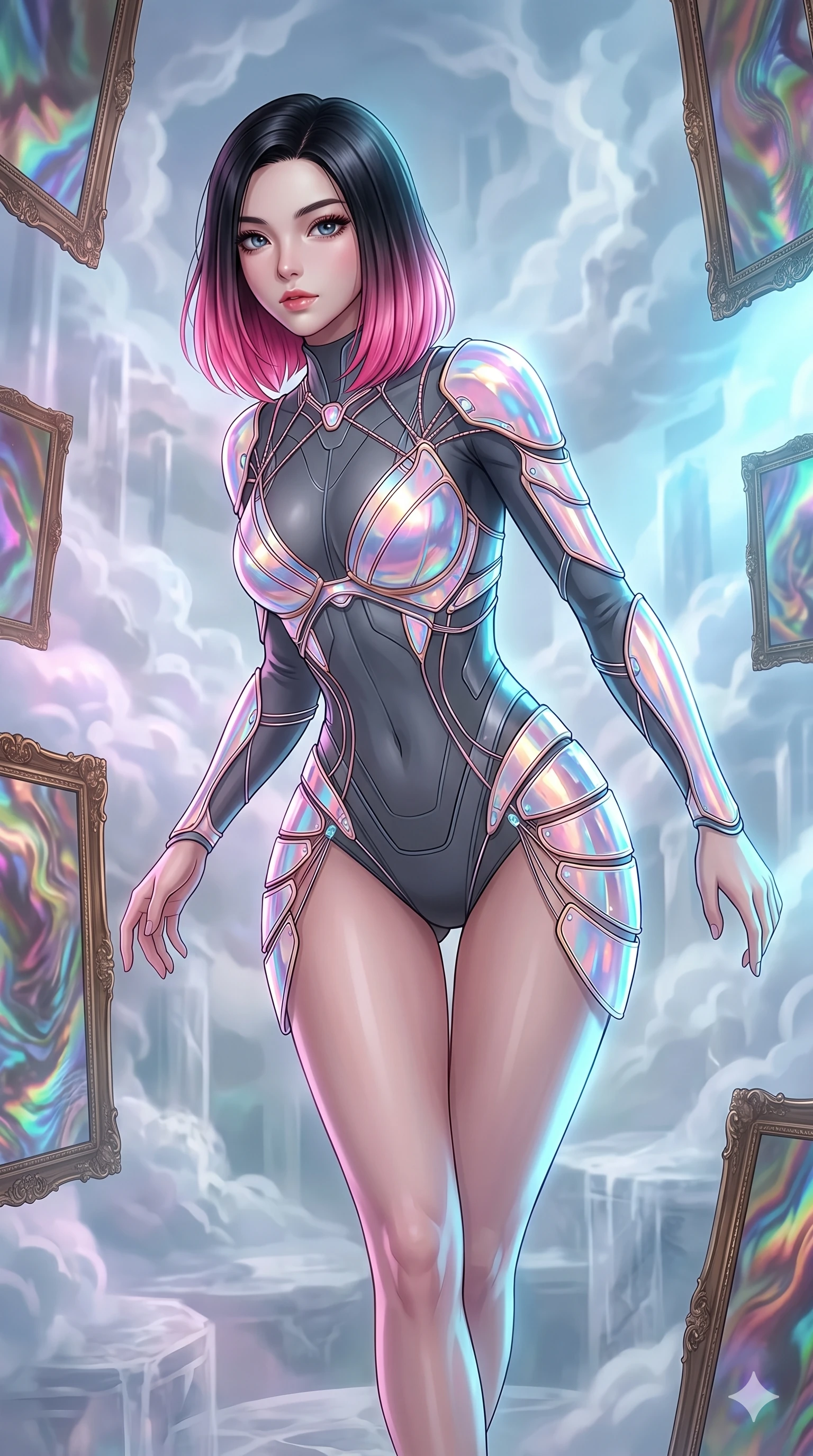score_9, masterpiece, best quality, ultra-detailed, high-budget anime keyframe, Korean woman. upper body close-up from the thighs up, character filling the screen for maximum presence. wandering through a mirage cloud cathedral of translucent marble and water mist, surrounded by floating ancient bronze mirror walls. She has an absolutely perfect 8-heads proportion, an exceptionally tall and slender female figure with impossibly long slender legs and an ultra-slim waist. V-shaped jawline, high-bridge nose, intricate jewel-like eyes with depth, thick eyelashes, glossy lips with a natural sheen.. wearing a holographic ribbon shell armor, featuring thin iridescent plates linked by wire straps over a sleek structured base layer. lit by a soft glowing ambient light and a sharp side key light that traces the sleek contours of her athletic build. 2k, ultra detail, master piece, 9:16 ratio