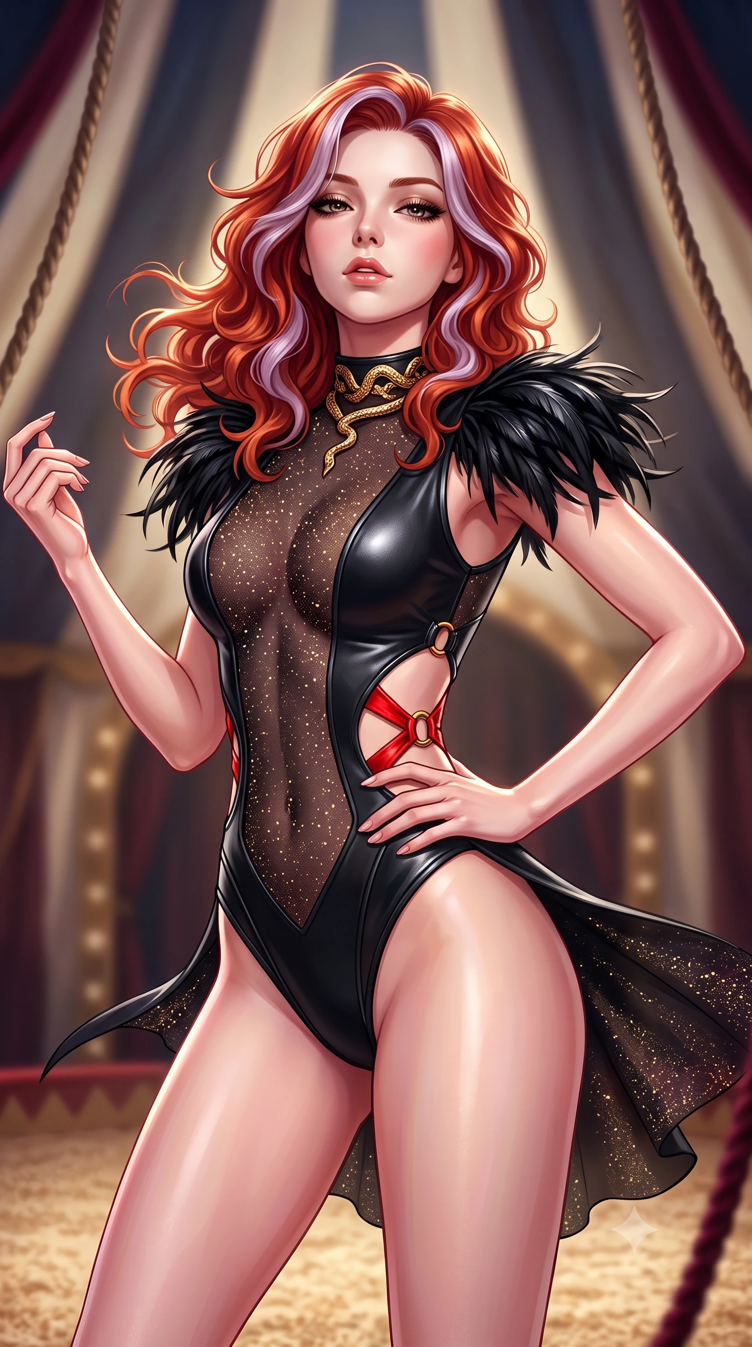 score_9, masterpiece, best quality, ultra-detailed, high-budget anime keyframe, semi-realistic 3D game render, editorial fashion photography, tasteful artistic composition, Caucasian woman. close-up cowboy shot from the waist and thighs up, the character dominates the composition, filling the frame with her large presence. tilting her chin up with proud, sovereign allure while gazing through thick eyelashes, one hand resting on her waist in pure supermodel charisma while pivoting dynamically on the sawdust arena floor, her tailored garments fluttering to accentuate her statuesque hips and long slender legs. The composition keeps background elements in soft focus with creamy bokeh. looming circus tent canvas arches and velvet rigging ropes softened in theatrical shallow focus. She has an exceptionally elegant, slender, and willowy female figure with an ultra-slim waist, a gracefully sculpted slender torso, toned flat midriff, and rounded feminine hips creating an alluring hourglass silhouette. sharp v-shaped jawline, high-bridge nose, intricate jewel-like eyes with depth, thick eyelashes, glossy parted lips with a natural sheen, intensely captivating and seductive bedroom-eyes expression, flawlessly proportioned anatomical accuracy, strict slender model proportions, natural body alignment, perfectly sculpted long slender limbs, ultra-slim waistline, clean dynamic posture without body distortion. wearing a second-skin black leather acrobatic bodysuit with side-waist diamond cutouts and gold ring clasps in blazing scarlet red and polished brass, made of sheer contouring power-mesh with fine gold glitter flocking, complemented by dramatic black ostrich shoulder epaulets and a gold serpent choker, the precision-cut side openings and low-back scoop framing her graceful spine and the sensual sweep of her hips. surrounded by an eccentric, spellbinding, and dangerously seductive circus queen aura. highly saturated vibrant anime colors, detailed shading with soft gradients, rich glossy textures, high-contrast stereoscopic depth, volumetric dynamic lighting, master piece, 9:16 ratio
